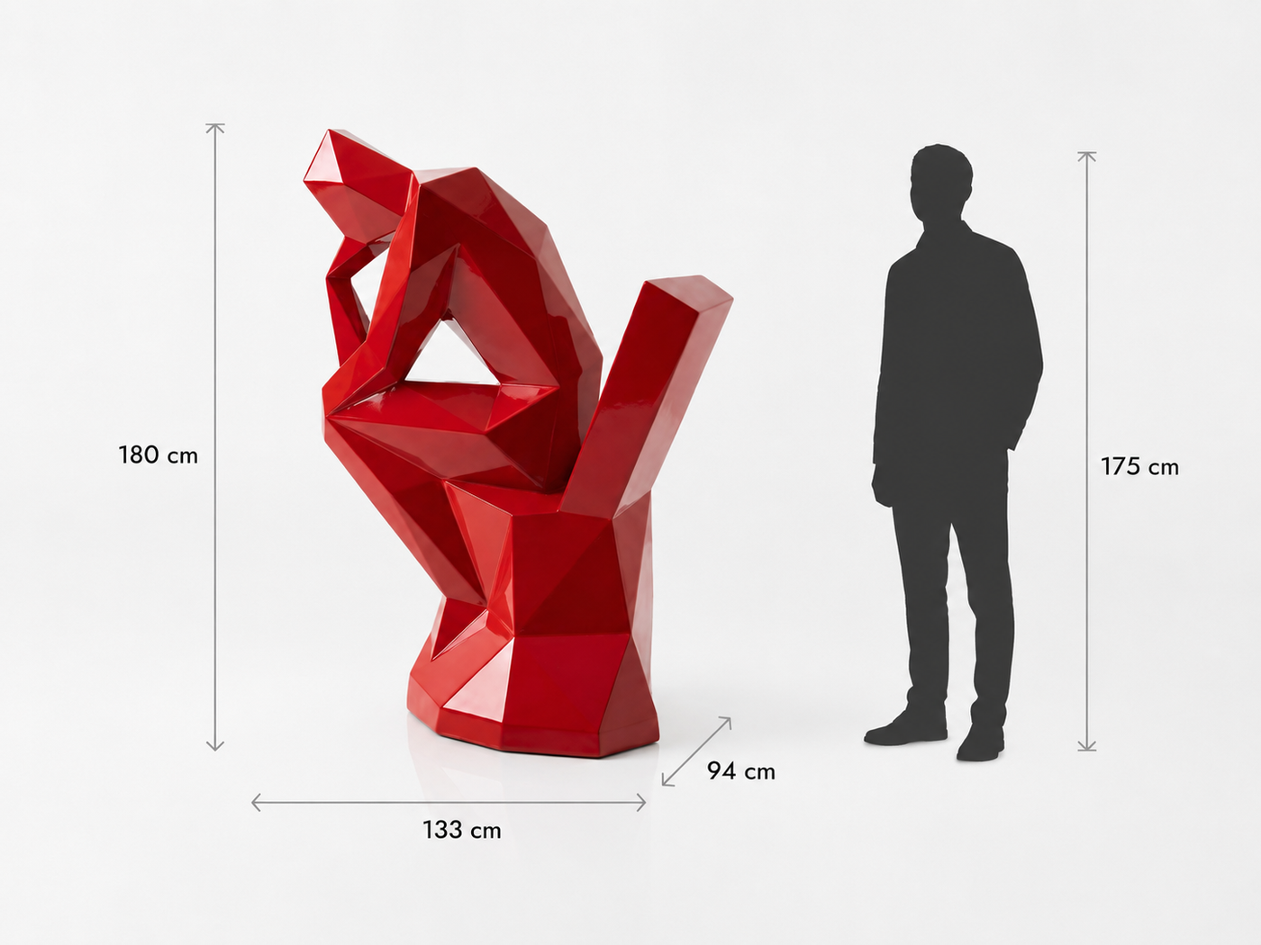 This visual presents the Large Abstract “The Thinker” Polygon Sculpture in real scale, compared to a 175 cm human silhouette. With a height of 180 cm, this monumental sculpture creates an artistic, intellectual, and distinctly contemporary presence. Its abstract polygonal design, inspired by geometric art and origami style, highlights the symbolic power of reflection, making it a remarkable decorative statement piece for villas, hotels, showrooms, reception halls, prestigious offices, art galleries, and high-end spaces.