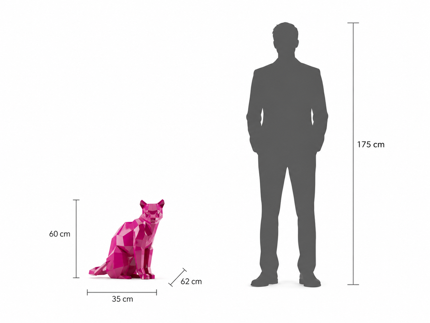 This visual presents the Large Faceted Origami Cat Sculpture in real scale, compared to a 175 cm human silhouette. With a height of 60 cm, this decorative cat sculpture creates an elegant, gentle, and distinctly contemporary presence. Its faceted design, inspired by origami art and polygonal style, highlights the cat’s refined silhouette and calming character, making it an ideal piece for villas, living rooms, offices, reception halls, showrooms, design boutiques, and high-end decorative spaces.