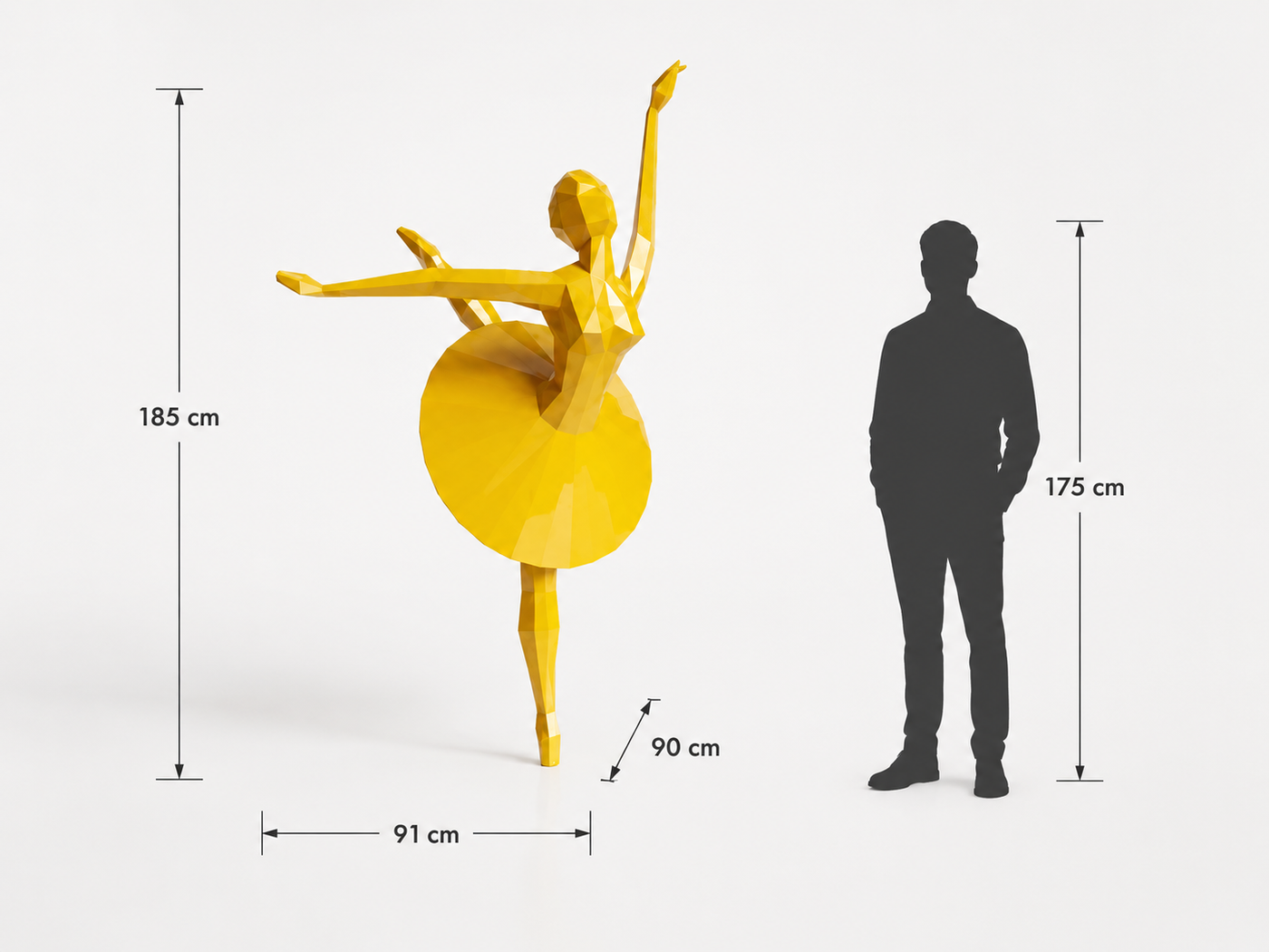 This visual presents the Large Faceted Ballet Dancer Sculpture in real scale, compared to a 175 cm human silhouette. With a height of 185 cm, this monumental sculpture creates an elegant, artistic, and distinctly contemporary presence. Its faceted design, inspired by polygonal art and origami style, highlights the grace, balance, and lightness of a ballet dancer’s movement, making it a remarkable decorative statement piece for villas, hotels, showrooms, reception halls, art galleries, event spaces, and high-end interiors.