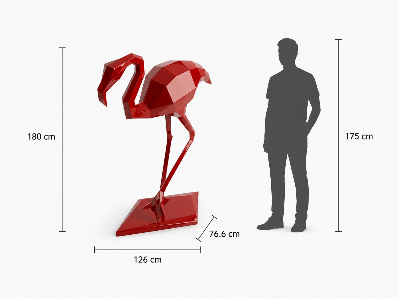 This visual presents the Large Faceted Flamingo Sculpture in real scale, compared to a 175 cm human silhouette. With a height of 180 cm, this monumental flamingo sculpture creates an elegant, refined, and distinctly contemporary presence. Its faceted design, inspired by polygonal art and origami style, highlights the flamingo’s slender silhouette, natural grace, and decorative character, making it an ideal statement piece for villas, hotels, gardens, terraces, showrooms, reception halls, landscaped spaces, and premium entrances.