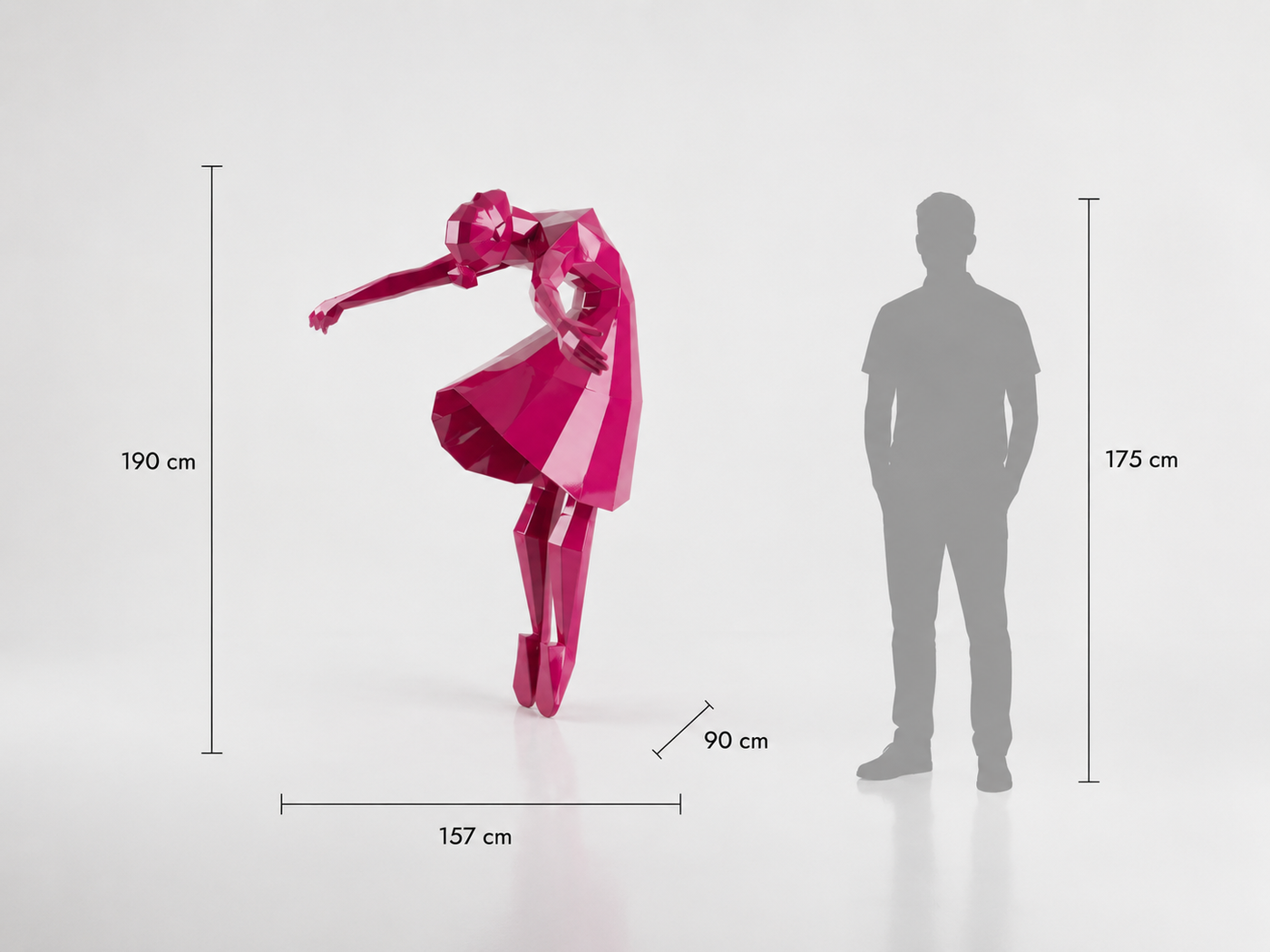 This visual presents the Large Liberation – Dancing Woman Origami Style Sculpture in real scale, compared to a 175 cm human silhouette. With a height of 190 cm, this monumental sculpture creates an artistic, elegant, and deeply expressive presence. Its faceted design, inspired by origami art and polygonal style, highlights the grace of movement, the feeling of freedom, and the beauty of the dancing figure, making it a remarkable decorative statement piece for villas, hotels, showrooms, reception halls, art galleries, event spaces, and high-end interiors.