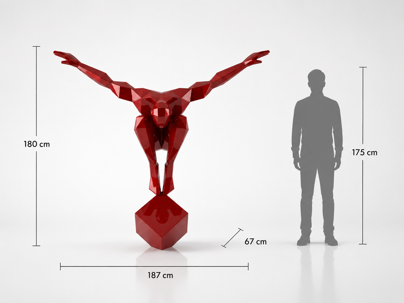This visual presents the Large Origami Polygonal Balance Sculpture in real scale, compared to a 175 cm human silhouette. With a height of 180 cm, this monumental sculpture creates an artistic, elegant, and distinctly contemporary presence. Its faceted design, inspired by origami art and polygonal style, evokes balance, harmony, and mastery of form, making it a remarkable decorative statement piece for villas, hotels, showrooms, reception halls, art galleries, prestigious offices, and high-end spaces.