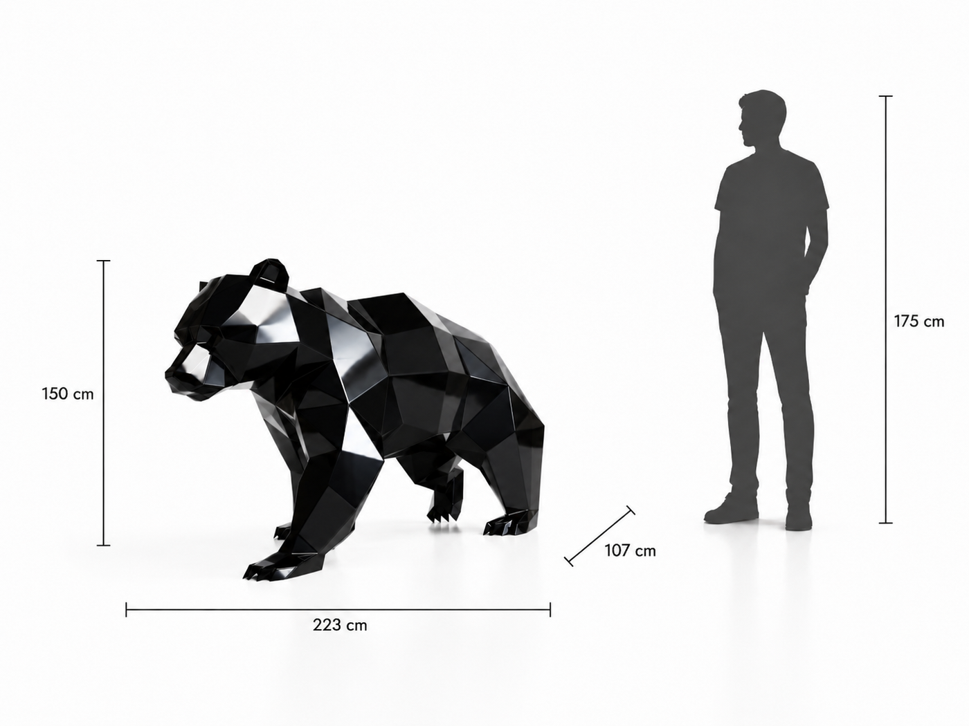 This visual presents the Large Faceted Geometric Polar Bear Sculpture in real scale, compared to a 175 cm human silhouette. With a height of 150 cm, this polar bear sculpture creates a powerful, elegant, and contemporary presence. Its faceted geometric design, inspired by polygonal art and origami style, highlights the polar bear’s strength, noble character, and majestic appearance, making it an ideal decorative statement piece for villas, hotels, gardens, terraces, showrooms, reception halls, art galleries, and high-end spaces.