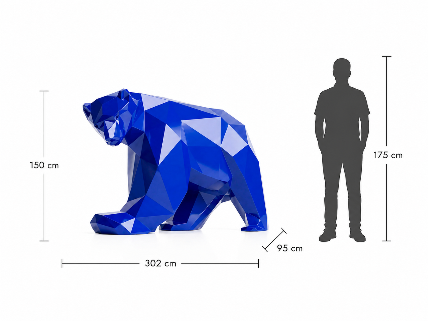 This visual presents the Large Polygon Bear Sculpture in real scale, compared to a 175 cm human silhouette. With a height of 150 cm, this bear sculpture creates a powerful, elegant, and distinctly contemporary presence. Its faceted polygonal design, inspired by geometric art and origami style, highlights the bear’s strength, stability, and wild character, making it an ideal decorative statement piece for villas, hotels, gardens, terraces, showrooms, reception halls, chalets, art galleries, and high-end spaces.