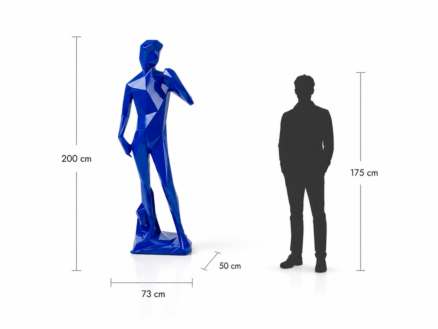 This visual presents the Large Faceted Human Silhouette Sculpture in real scale, compared to a 175 cm human silhouette. With a height of 200 cm, this monumental sculpture creates an artistic, elegant, and distinctly contemporary presence. Its faceted design, inspired by polygonal art and origami style, highlights the lines of the human body in a modern sculptural way, making it a remarkable decorative statement piece for villas, hotels, showrooms, reception halls, art galleries, prestigious offices, and high-end spaces.