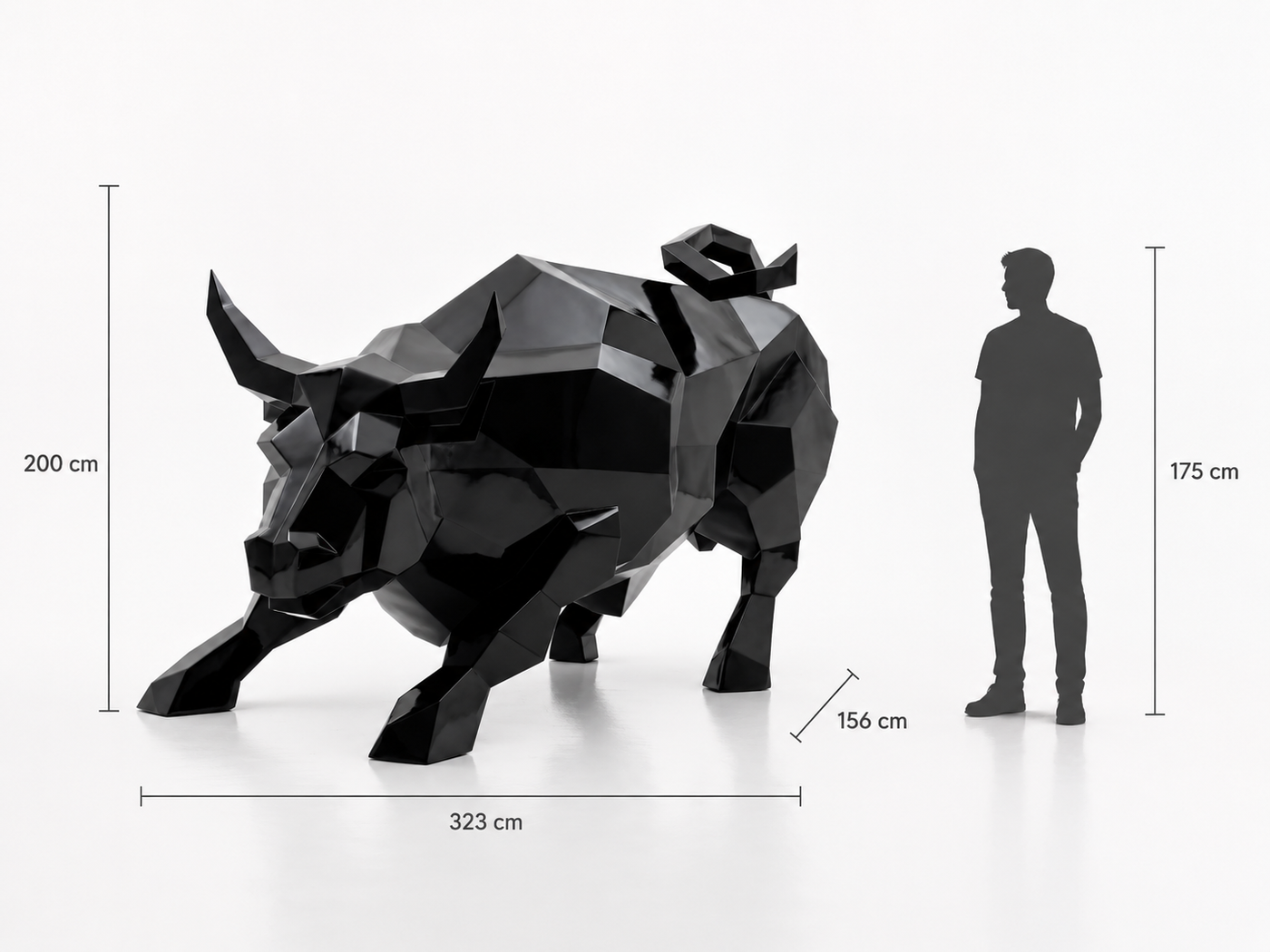 This visual presents the Large Faceted Geometric Bull Sculpture in real scale, compared to a 175 cm human silhouette. With a height of 200 cm, this monumental bull sculpture creates a powerful, imposing, and distinctly contemporary presence. Its faceted geometric design, inspired by polygonal art and origami style, highlights the bull’s strength, stability, and symbolic character, making it a remarkable decorative statement piece for villas, hotels, gardens, showrooms, reception halls, restaurants, art galleries, and premium entrances.
