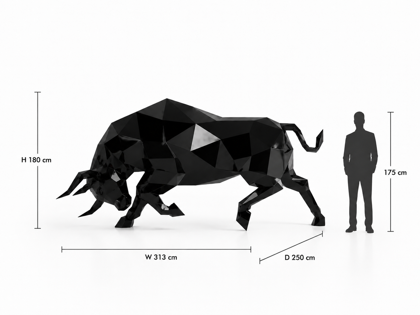This visual presents the Large Bull Sculpture in real scale, compared to a 175 cm human silhouette. With a height of 180 cm, this monumental bull sculpture creates a powerful, elegant, and contemporary presence. Its sculptural design highlights the bull’s strength, stability, and symbolic character, making it an ideal decorative statement piece for villas, hotels, gardens, showrooms, reception halls, restaurants, art galleries, and premium entrances.