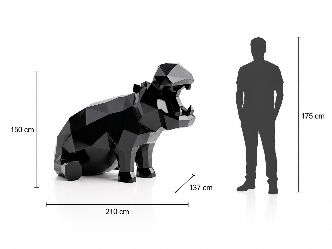 This visual presents the Large Geometric Hippo Sculpture in real scale, compared to a 175 cm human silhouette. With a height of 150 cm, this hippopotamus sculpture creates a powerful, original, and distinctly contemporary presence. Its faceted geometric design, inspired by polygonal art and origami style, highlights the hippo’s quiet strength, stability, and unique character, making it an ideal decorative statement piece for villas, hotels, gardens, terraces, showrooms, reception halls, landscaped spaces, art galleries, and high-end spaces.