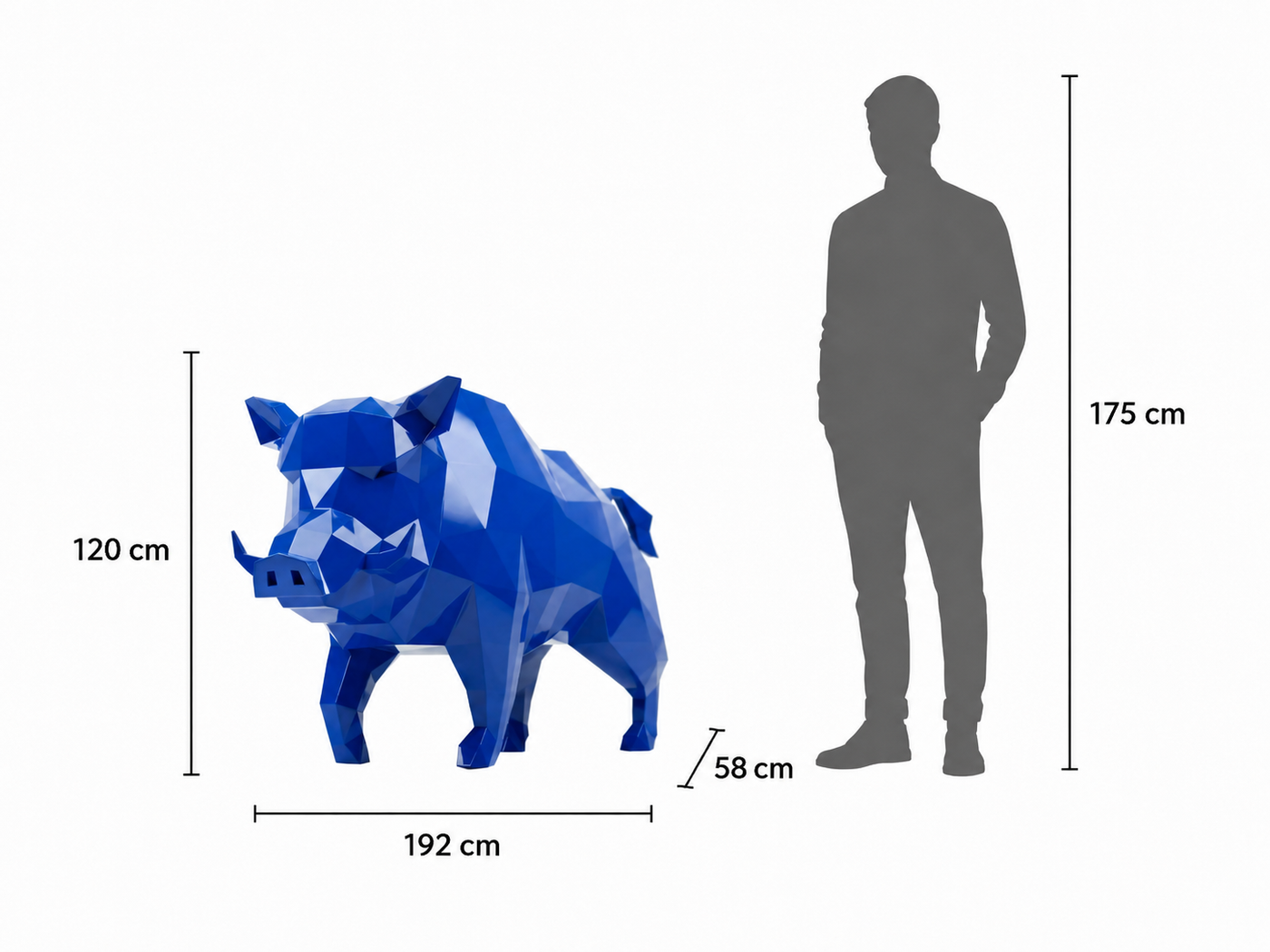 This visual presents the Large Wild Boar Sculpture in real scale, compared to a 175 cm human silhouette. With a height of 120 cm, this wild boar sculpture creates a powerful, robust, and distinctly contemporary presence. Its sculptural design highlights the boar’s natural energy, wild character, and symbolic strength, making it an ideal decorative statement piece for villas, hotels, gardens, terraces, showrooms, reception halls, chalets, art galleries, and high-end spaces.
