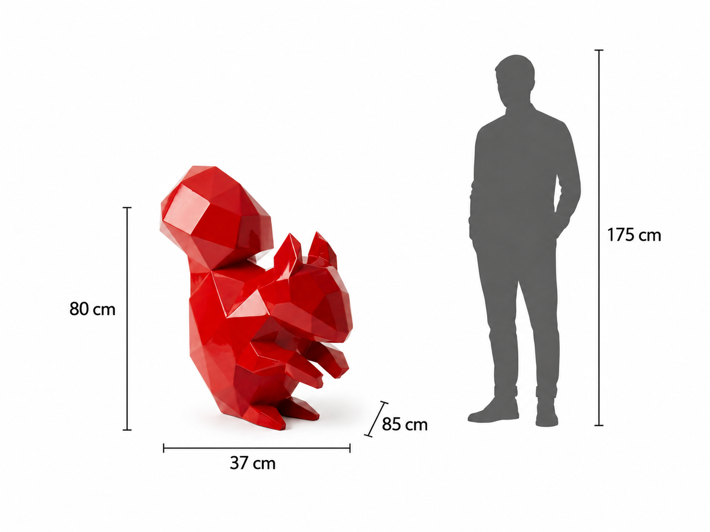 This visual presents the Large Squirrel Sculpture in real scale, compared to a 175 cm human silhouette. With a height of 80 cm, this decorative squirrel sculpture creates an original, elegant, and distinctly contemporary presence. Its sculptural design highlights the squirrel’s lively silhouette, curious character, and natural energy, making it an ideal piece for villas, gardens, terraces, living rooms, showrooms, design boutiques, and high-end decorative spaces.