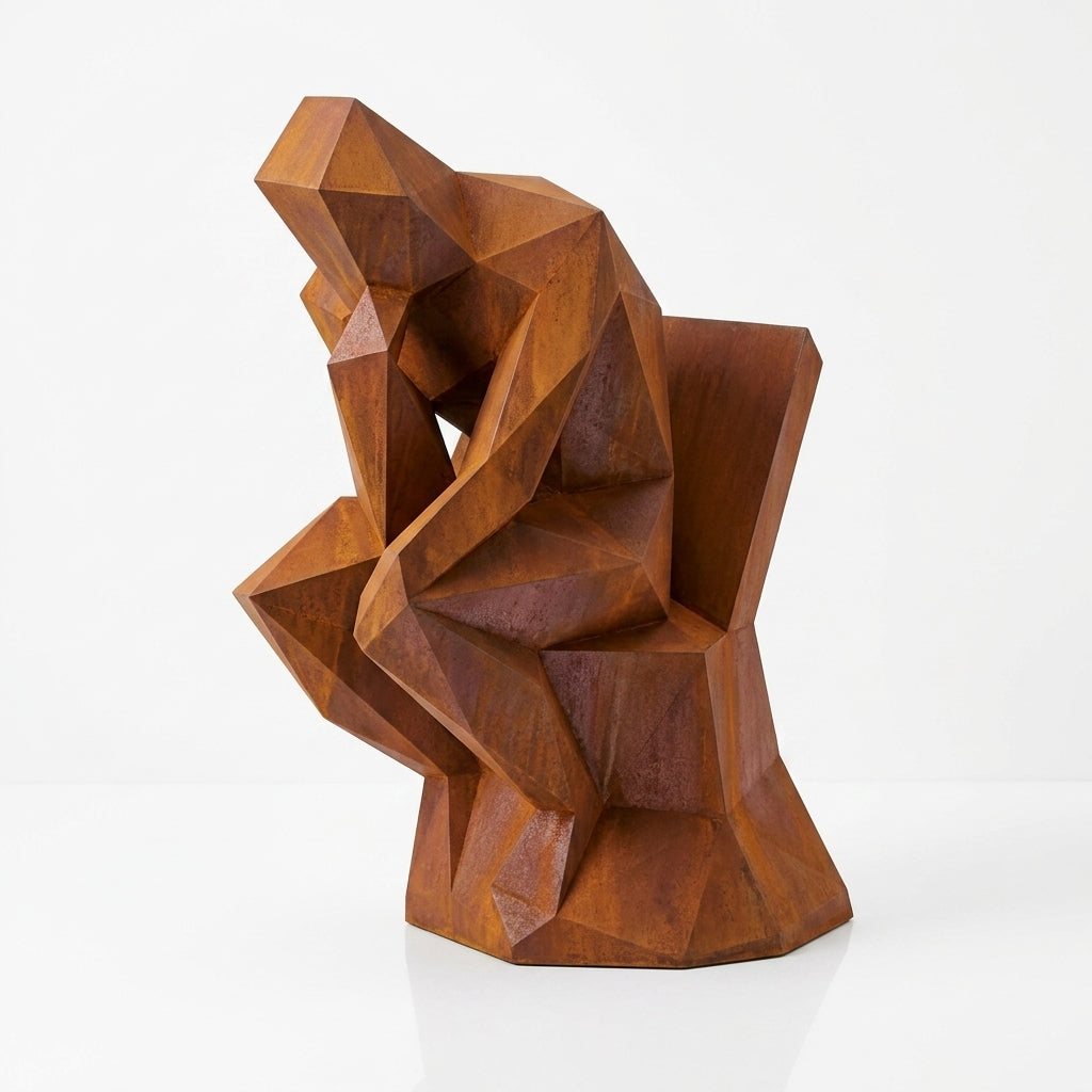 Grande Sculpture Abstrait "Le Penseur" Polygone en Corten - Sculpture Origami
