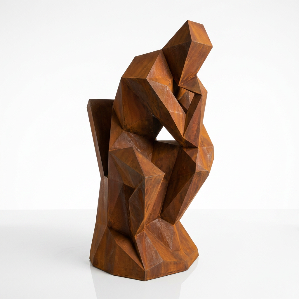 Grande Sculpture Abstrait "Le Penseur" Polygone en Corten - Sculpture Origami