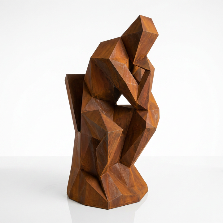 Grande Sculpture Abstrait "Le Penseur" Polygone en Corten - Sculpture Origami