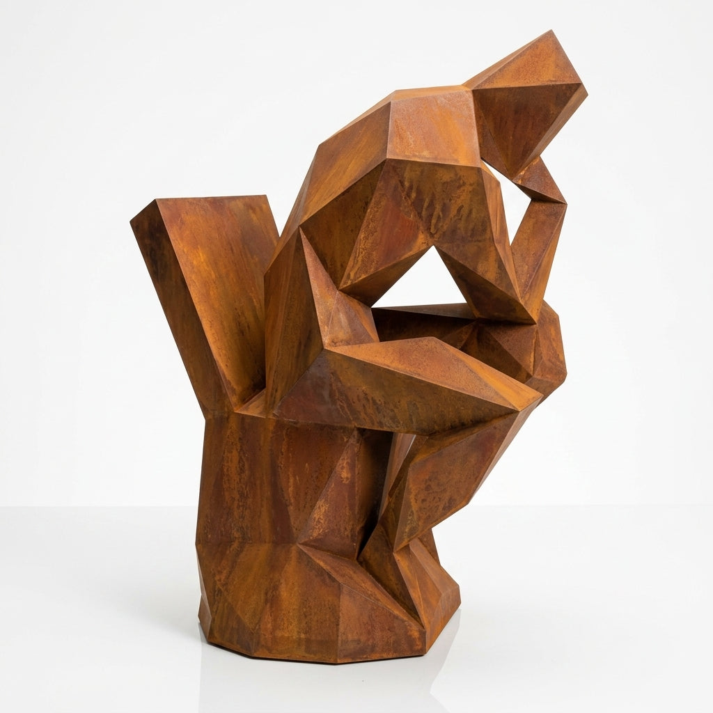Grande Sculpture Abstrait "Le Penseur" Polygone en Corten - Sculpture Origami