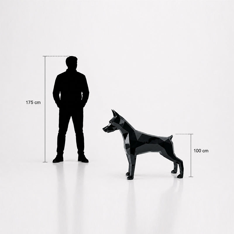 This visual presents the Faceted Origami Doberman Sculpture in real scale, compared to a 175 cm human silhouette. With a height of 100 cm, this dog sculpture offers an elegant, modern, and expressive presence. Inspired by polygonal art and origami style, it fits perfectly into residential and professional spaces such as villas, gardens, terraces, reception halls, showrooms, design boutiques, and premium entrances.