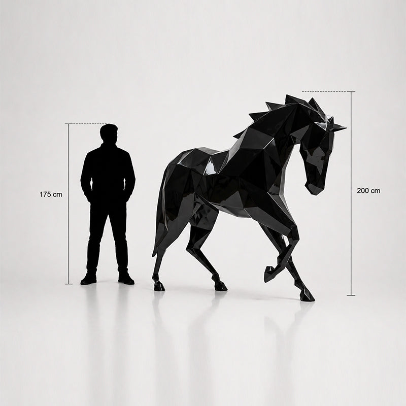 This visual presents the Large Polygon Horse Sculpture in real scale, compared to a 175 cm human silhouette. With a height of 200 cm, this monumental horse sculpture creates an elegant, noble, and contemporary presence. Its faceted design, inspired by polygonal art and origami style, makes it an ideal decorative statement piece for villas, hotels, gardens, showrooms, reception halls, equestrian centers, art galleries, and premium entrances.
