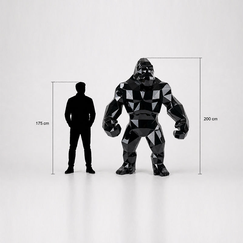 This visual presents the Geometric Gorilla Statue in real scale, compared to a 175 cm human silhouette. With a height of 200 cm, this monumental gorilla sculpture creates a powerful and contemporary presence. Its faceted design, inspired by polygonal art and origami style, makes it an ideal statement piece for villas, hotels, gardens, showrooms, reception halls, art galleries, and premium entrances.
