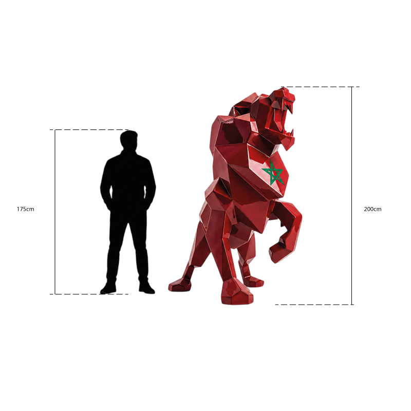This visual presents the Royal Lion Sculpture Morocco in a real scale comparison with a 175 cm human silhouette. With a height of 200 cm, the sculpture is designed for large spaces such as villas, hotels, gardens, showrooms, and premium entrances.