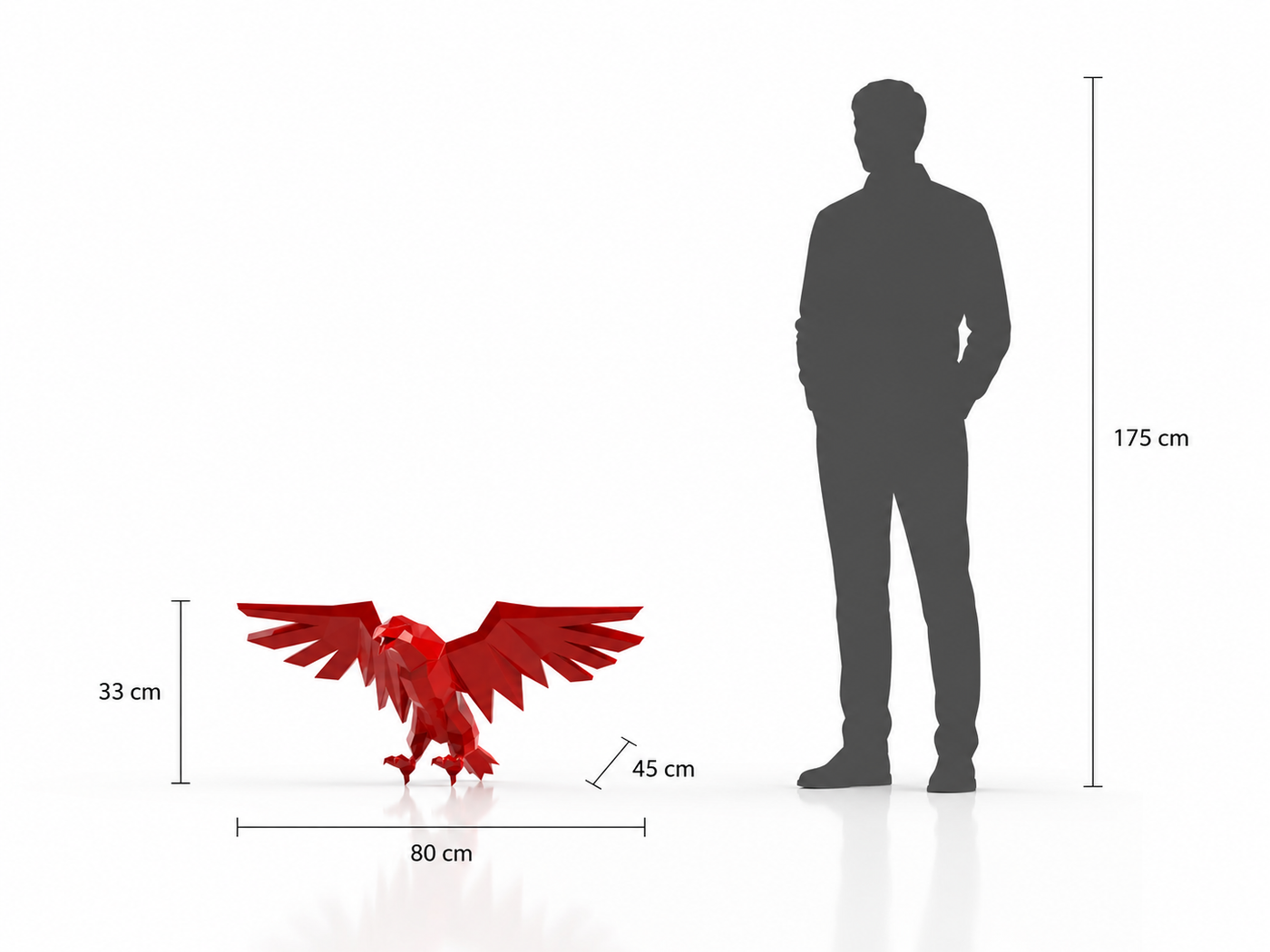 This visual presents the Faceted Imperial Eagle Sculpture in real scale, compared to a 175 cm human silhouette. With a height of 33 cm, this decorative sculpture creates an elegant, symbolic, and contemporary presence. Its faceted design, inspired by polygonal art and origami style, highlights the eagle’s power, freedom, and majestic character, making it an ideal piece for living rooms, offices, reception halls, showrooms, design boutiques, art galleries, and high-end interior spaces.