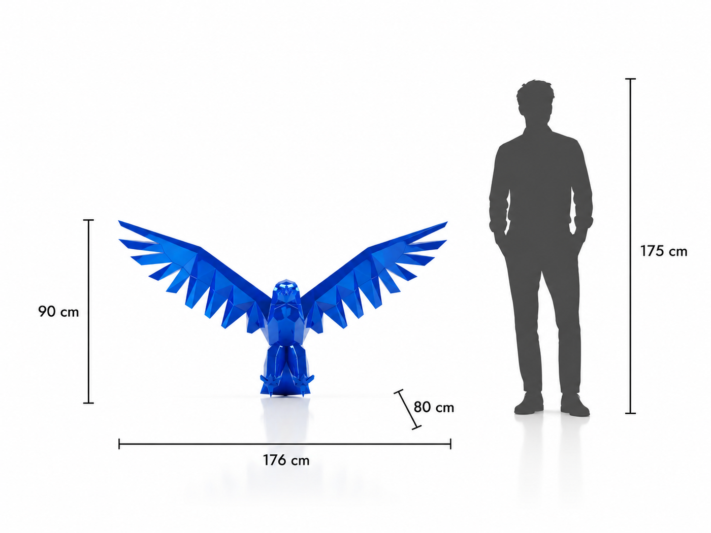 This visual presents the Faceted Spread-Wing Eagle Sculpture in real scale, compared to a 175 cm human silhouette. With a height of 90 cm, this decorative sculpture creates a majestic, dynamic, and contemporary presence. Its faceted design, inspired by polygonal art and origami style, highlights the eagle’s spread wings, power, and symbolic freedom, making it an ideal piece for living rooms, offices, reception halls, showrooms, hotels, art galleries, and high-end interior spaces.