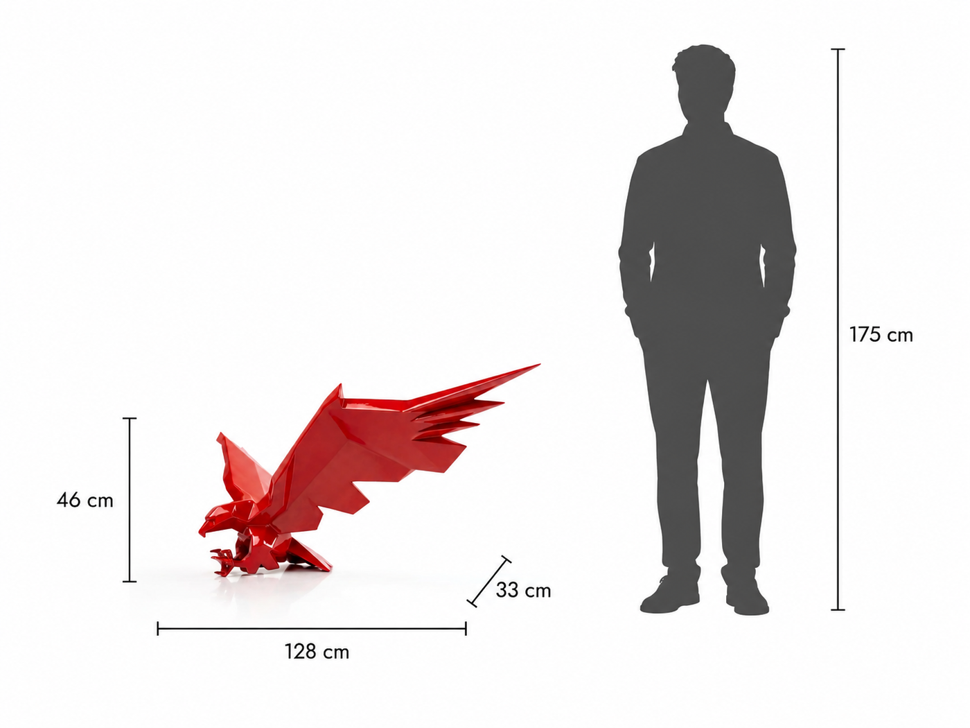 This visual presents the Faceted Attacking Eagle Sculpture in real scale, compared to a 175 cm human silhouette. With a height of 46 cm, this decorative sculpture creates a dynamic, powerful, and distinctly contemporary presence. Its faceted design, inspired by polygonal art and origami style, highlights the eagle’s movement, precision, and symbolic energy, making it an ideal piece for living rooms, offices, reception halls, showrooms, hotels, art galleries, and high-end interior spaces.