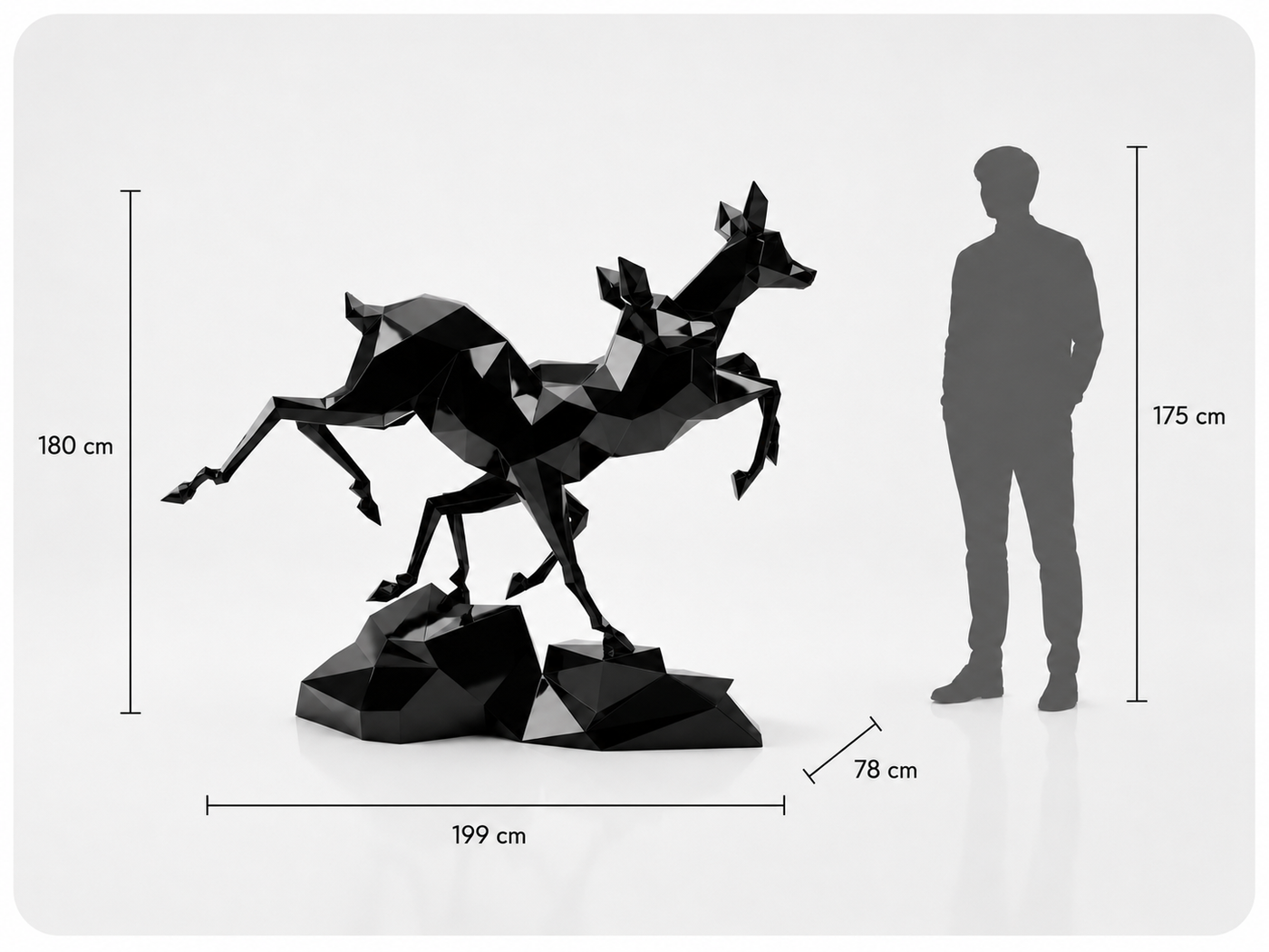 This visual presents the Large Pair of Gazelles Sculpture in real scale, compared to a 175 cm human silhouette. With a height of 180 cm, this monumental sculpture expresses elegance, harmony, and the graceful beauty of a pair of gazelles. Its contemporary sculptural design makes it a refined decorative statement piece, ideal for villas, hotels, gardens, showrooms, reception halls, landscaped spaces, art galleries, and premium entrances.