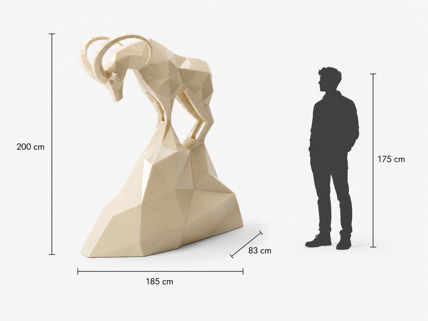 This visual presents the Large Polygon Gazelle Sculpture in real scale, compared to a 175 cm human silhouette. With a height of 200 cm, this monumental gazelle sculpture creates an elegant, graceful, and contemporary presence. Its faceted polygonal design, inspired by geometric art and origami style, makes it an ideal decorative statement piece for villas, hotels, gardens, showrooms, reception halls, landscaped spaces, art galleries, and premium entra