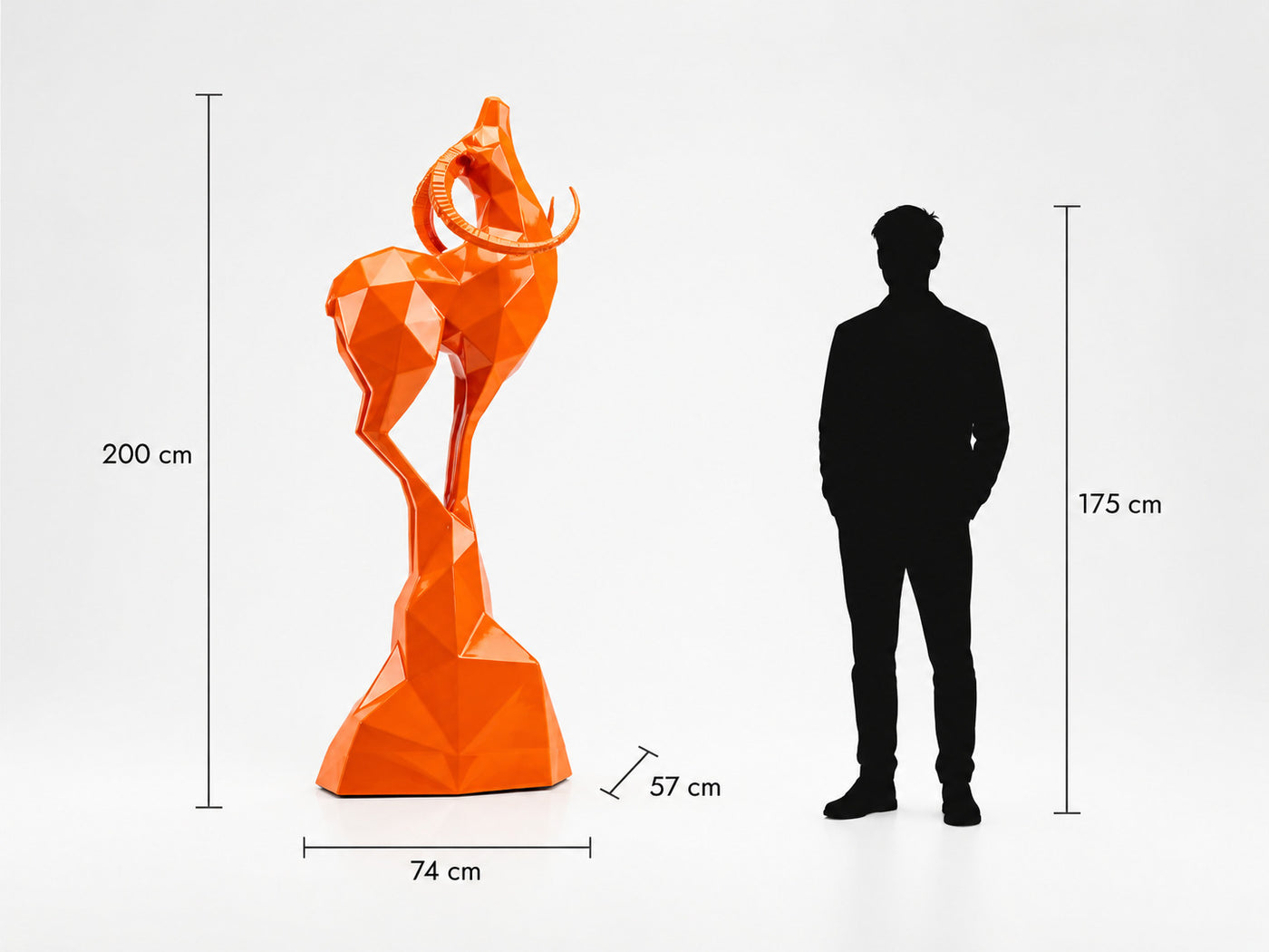 This visual presents the Large Origami Deer Sculpture in real scale, compared to a 175 cm human silhouette. With a height of 200 cm, this monumental deer sculpture creates an elegant, majestic, and contemporary presence. Its faceted design, inspired by origami art and polygonal style, makes it a remarkable decorative statement piece for villas, hotels, gardens, showrooms, reception halls, landscaped spaces, art galleries, and premium entrances.