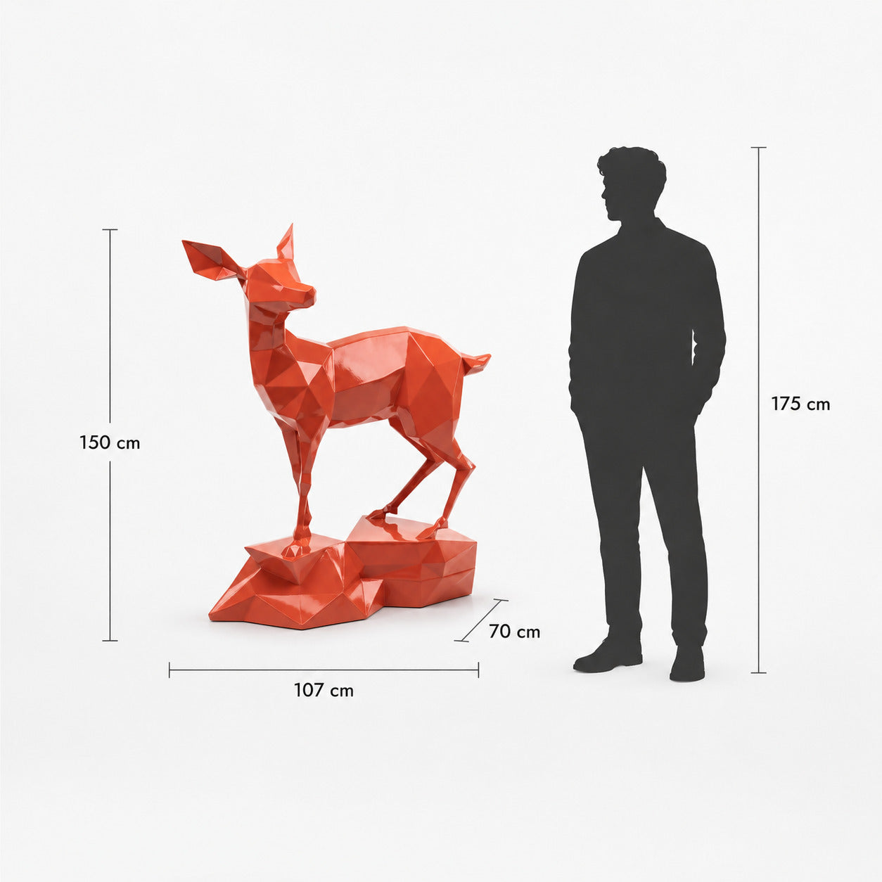 This visual presents the Large Gazelle Sculpture in real scale, compared to a 175 cm human silhouette. With a height of 150 cm, this gazelle sculpture creates an elegant, graceful, and contemporary presence. Its refined silhouette and sculptural design make it an ideal decorative statement piece for villas, hotels, gardens, terraces, showrooms, reception halls, landscaped spaces, art galleries, and premium entrances.