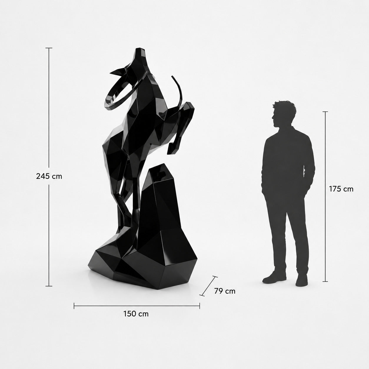 This visual presents the Large Majestic Polygon Deer Sculpture in real scale, compared to a 175 cm human silhouette. With a height of 245 cm, this monumental deer sculpture creates a spectacular, noble, and distinctly contemporary presence. Its faceted polygonal design, inspired by geometric art and origami style, makes it an exceptional decorative statement piece for villas, hotels, gardens, showrooms, reception halls, art galleries, landscaped spaces, and premium entrances.