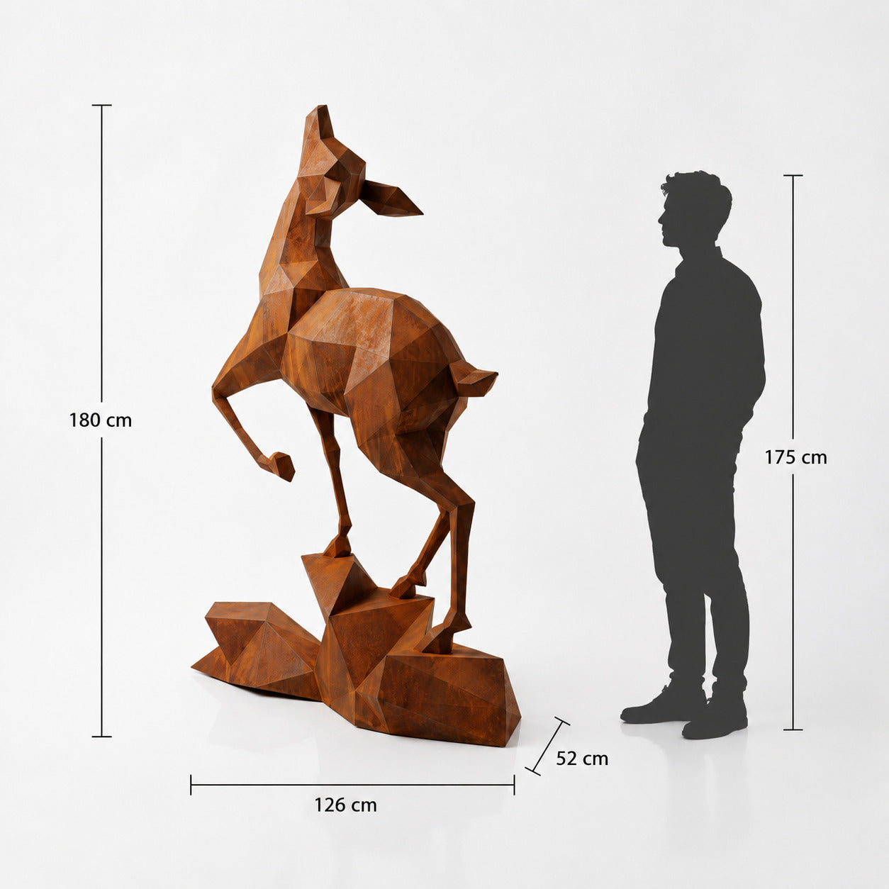 This visual presents the Large Contemporary Polygon Gazelle Sculpture in real scale, compared to a 175 cm human silhouette. With a height of 180 cm, this monumental gazelle sculpture creates an elegant, graceful, and distinctly modern presence. Its contemporary polygonal design, inspired by geometric art and origami style, makes it an ideal decorative statement piece for villas, hotels, gardens, showrooms, reception halls, landscaped spaces, art galleries, and premium entrances.