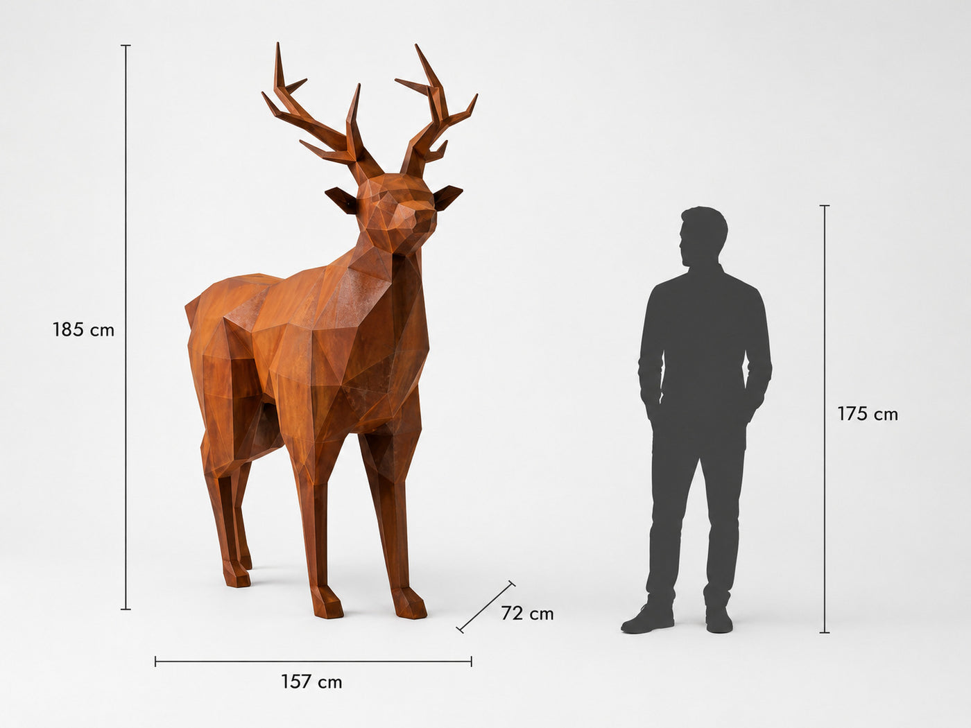 Cette visualisation présente la Grande Statue de Cerf Géométrique à l’échelle réelle, comparée à une silhouette humaine de 175 cm. Avec une hauteur de 185 cm, cette sculpture de cerf affirme une présence élégante, majestueuse et contemporaine. Son design géométrique facetté, inspiré de l’art polygonal et du style origami, en fait une pièce décorative idéale pour les villas, hôtels, jardins, showrooms, halls d’accueil, espaces paysagers, galeries d’art et entrées premium.