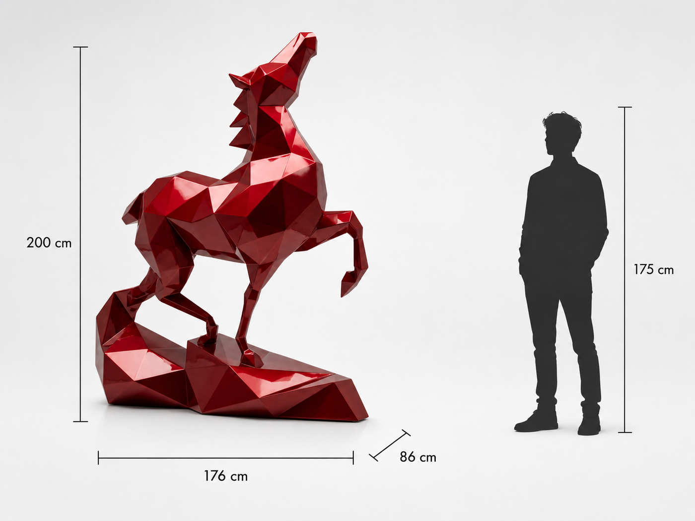 This visual presents the Large Metallic Polygon Horse Sculpture in real scale, compared to a 175 cm human silhouette. With a height of 200 cm, this monumental horse sculpture creates an elegant, powerful, and contemporary presence. Its metallic polygonal design, inspired by geometric art and origami style, makes it a remarkable decorative statement piece for villas, hotels, gardens, showrooms, reception halls, equestrian centers, art galleries, and premium entrances.