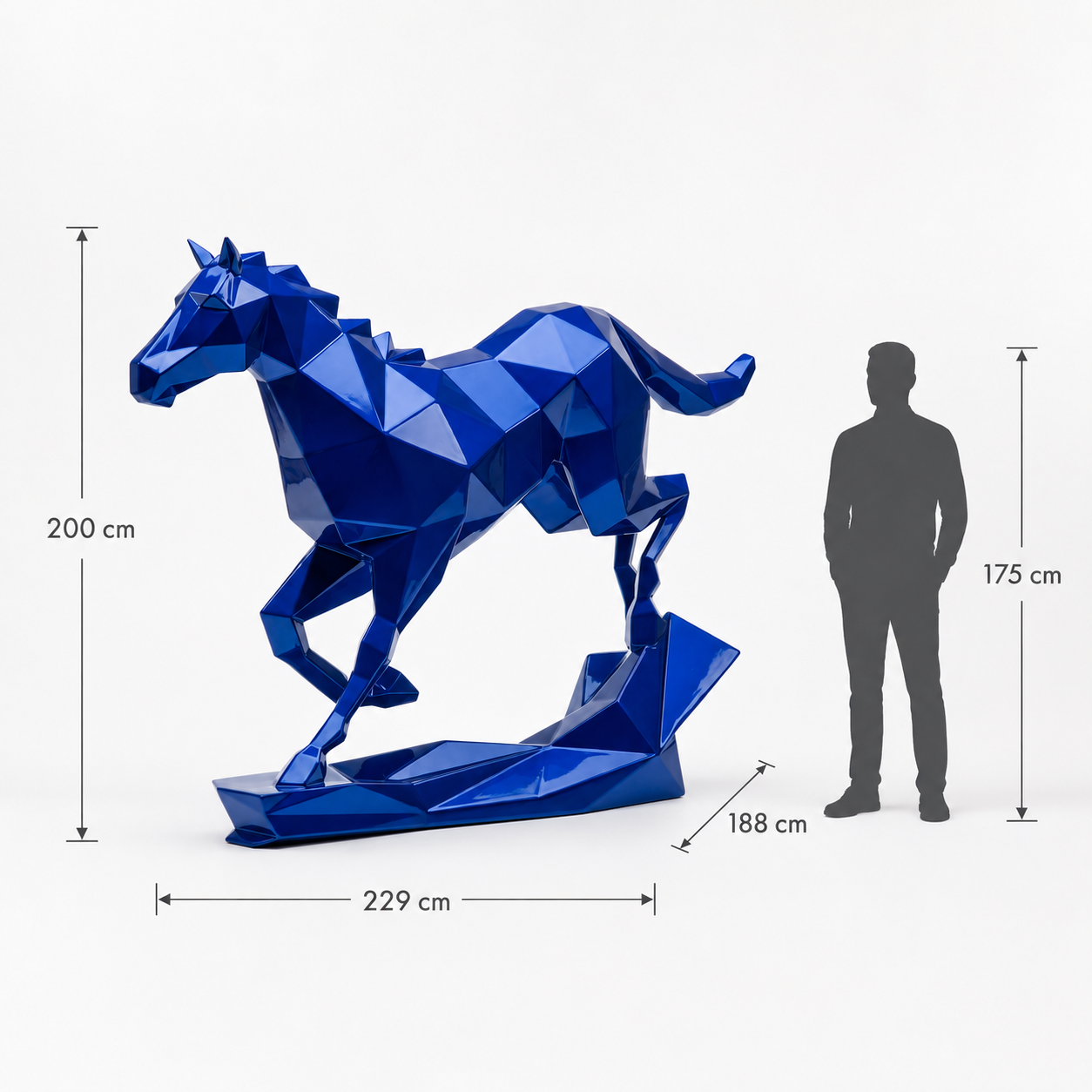 This visual presents the Large Origami Horse Sculpture in real scale, compared to a 175 cm human silhouette. With a height of 200 cm, this monumental horse sculpture creates an elegant, majestic, and contemporary presence. Its faceted design, inspired by origami art and polygonal style, makes it a remarkable decorative statement piece for villas, hotels, gardens, showrooms, reception halls, equestrian centers, art galleries, and premium entrances.