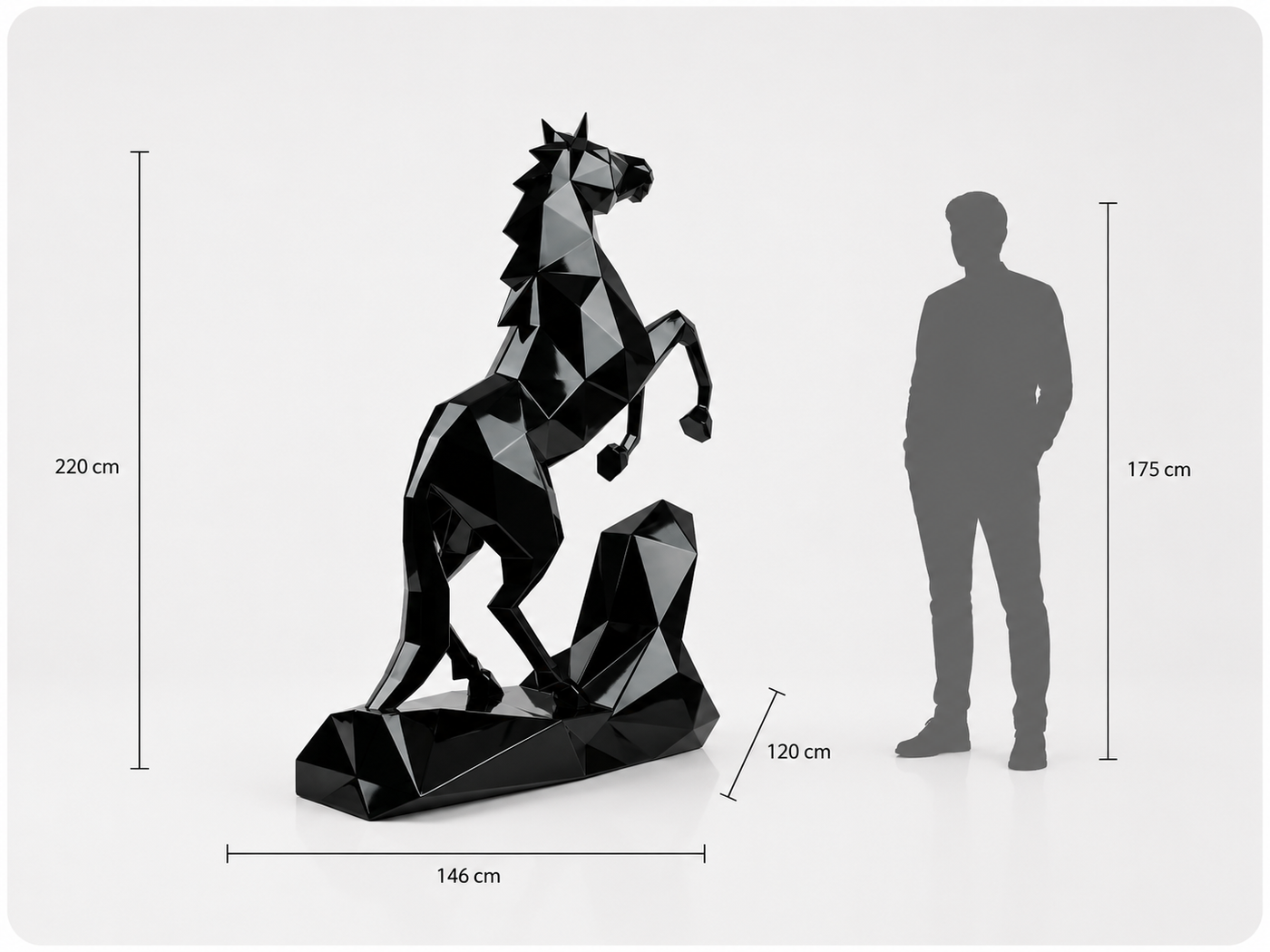 This visual presents the Large Origami Polygon Horse Sculpture in real scale, compared to a 175 cm human silhouette. With a height of 220 cm, this monumental horse sculpture creates an elegant, majestic, and distinctly contemporary presence. Its faceted design, inspired by origami art and polygonal style, highlights the horse’s powerful and refined lines, making it an ideal decorative statement piece for villas, hotels, gardens, showrooms, reception halls, equestrian centers, art galleries, and premium entrances.