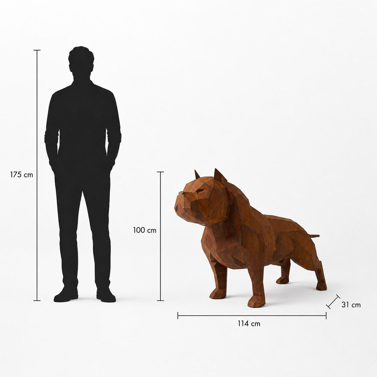 This visual presents the Faceted American Bully Dog Sculpture in real scale, compared to a 175 cm human silhouette. With a height of 63 cm, this decorative dog sculpture creates a compact, modern, and expressive presence. Its faceted design, inspired by polygonal art and origami style, highlights the strong build and distinctive character of the American Bully, making it an ideal piece for indoor spaces such as living rooms, offices, reception halls, showrooms, design boutiques, and high-end decorative interiors.