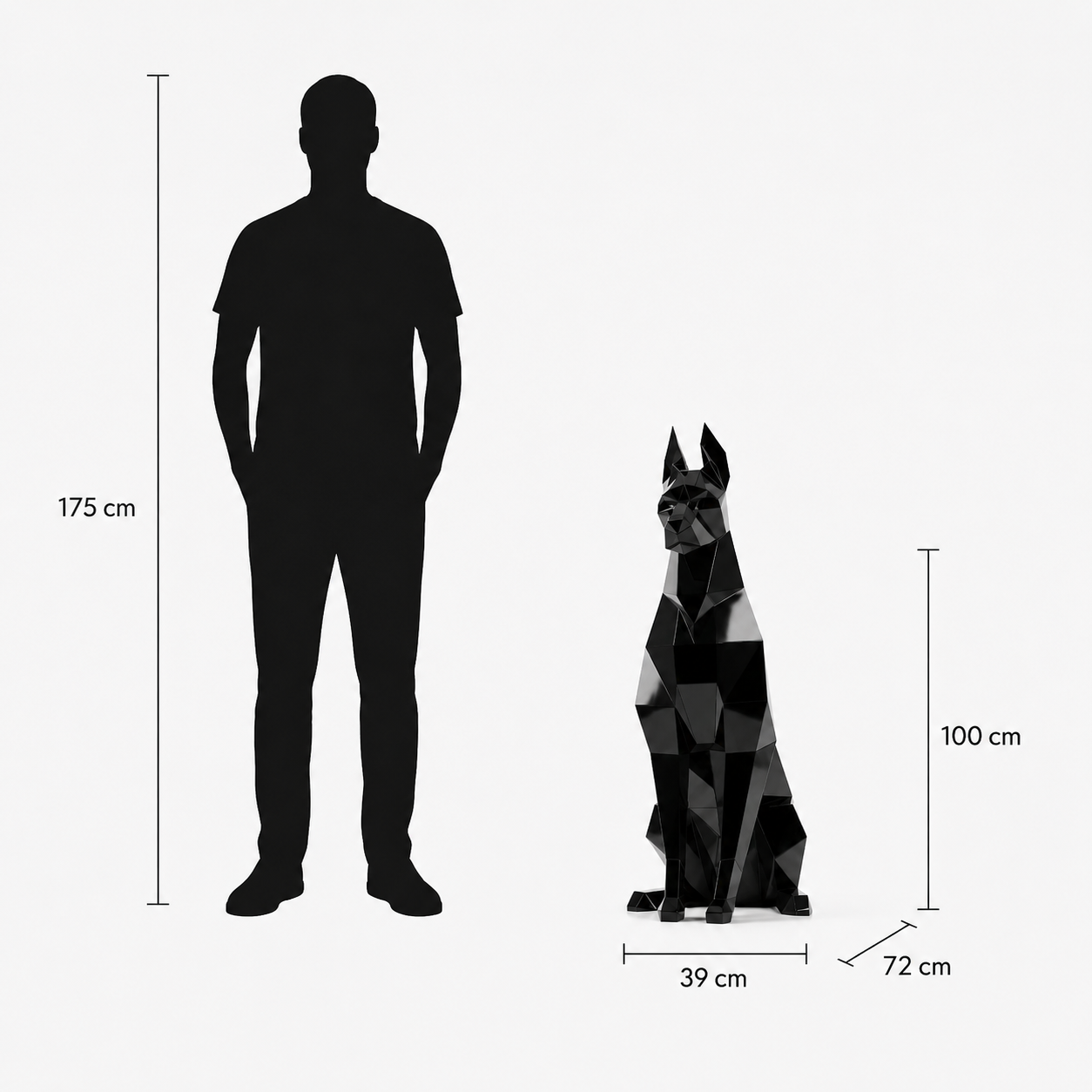 This visual presents the Large Faceted Sitting Doberman Sculpture in real scale, compared to a 175 cm human silhouette. With a height of 100 cm, this Doberman sculpture creates an elegant, modern, and confident presence. Its faceted design, inspired by polygonal art and origami style, highlights the seated posture, strong presence, and protective character of the Doberman, making it an ideal decorative statement piece for villas, gardens, terraces, reception halls, showrooms, offices, and high-end decorative spaces.