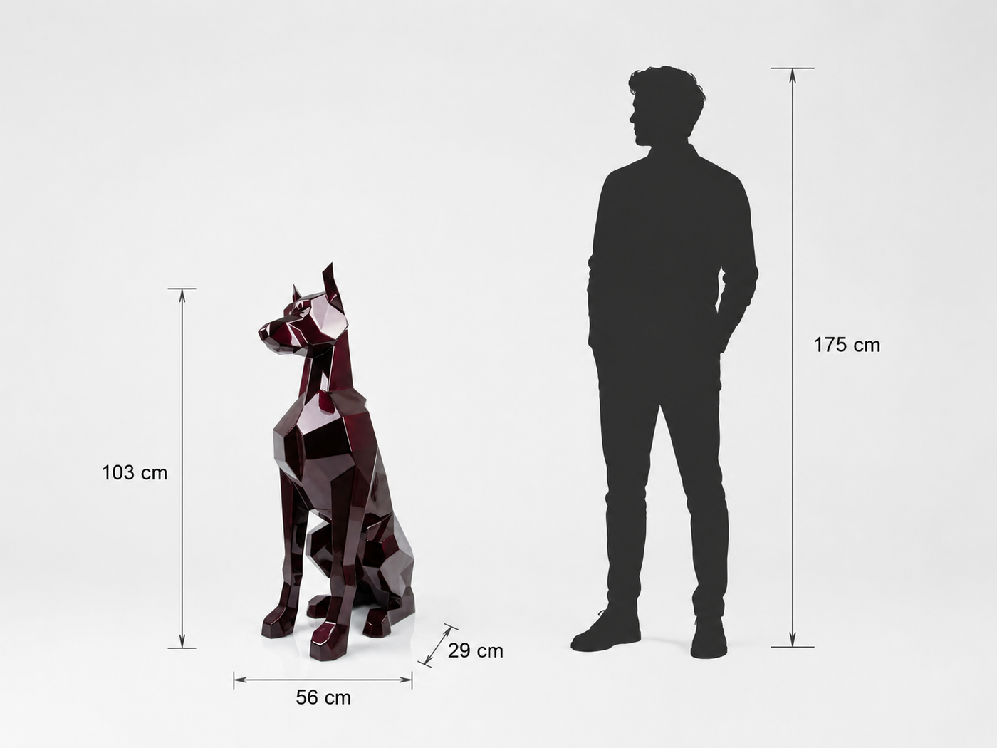 This visual presents the Large Faceted Doberman Dog Sculpture in real scale, compared to a 175 cm human silhouette. With a height of 103 cm, this Doberman sculpture creates an elegant, modern, and characterful presence. Its faceted design, inspired by polygonal art and origami style, highlights the Doberman’s proud stance, alert posture, and natural strength, making it an ideal decorative statement piece for villas, gardens, terraces, reception halls, showrooms, offices, and high-end decorative spaces