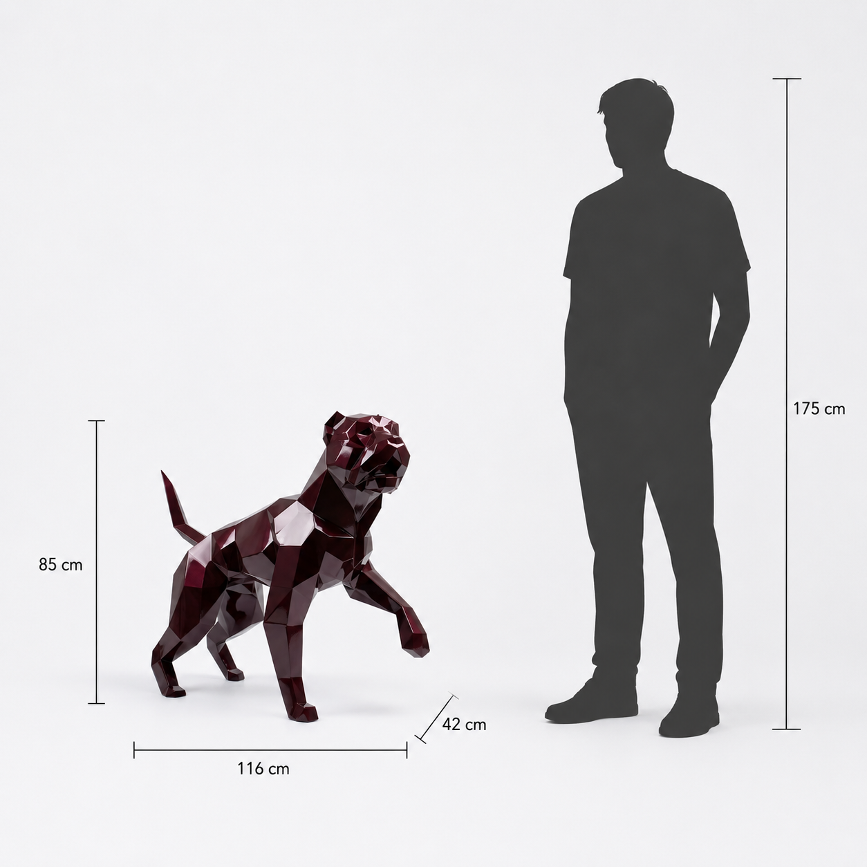 This visual presents the Faceted Pitbull Dog Sculpture in real scale, compared to a 175 cm human silhouette. With a height of 85 cm, this Pitbull sculpture creates a powerful, modern, and expressive presence. Its faceted design, inspired by polygonal art and origami style, highlights the Pitbull’s strong build and distinctive character, making it an ideal decorative statement piece for villas, gardens, terraces, reception halls, showrooms, offices, and high-end decorative spaces.