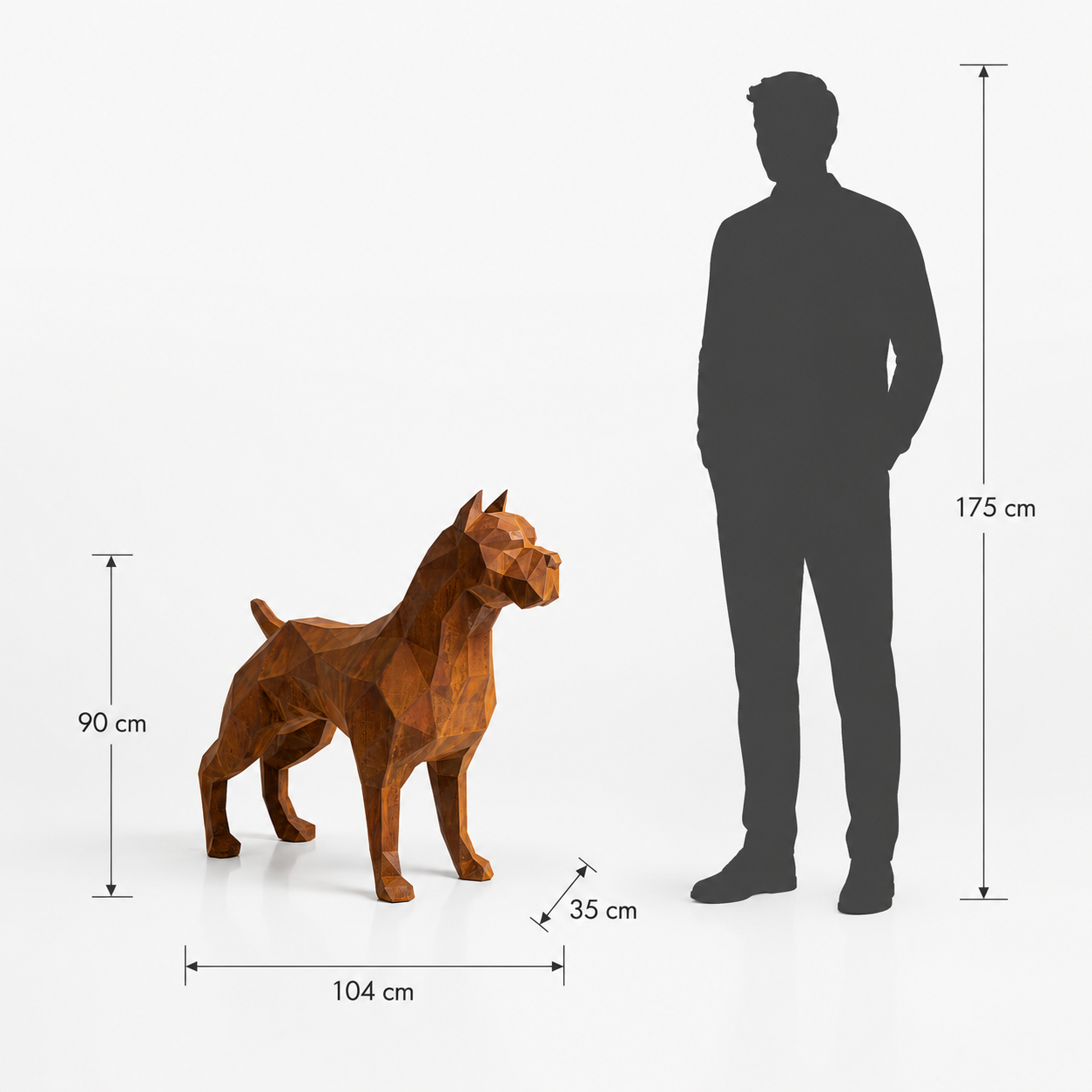 This visual presents the Large Polygon Pitbull Sculpture in real scale, compared to a 175 cm human silhouette. With a height of 90 cm, this Pitbull sculpture creates a powerful, modern, and characterful presence. Its faceted polygonal design, inspired by geometric art and origami style, highlights the Pitbull’s strong build and expressive appearance, making it an ideal decorative statement piece for villas, gardens, terraces, reception halls, showrooms, offices, and high-end decorative spaces.