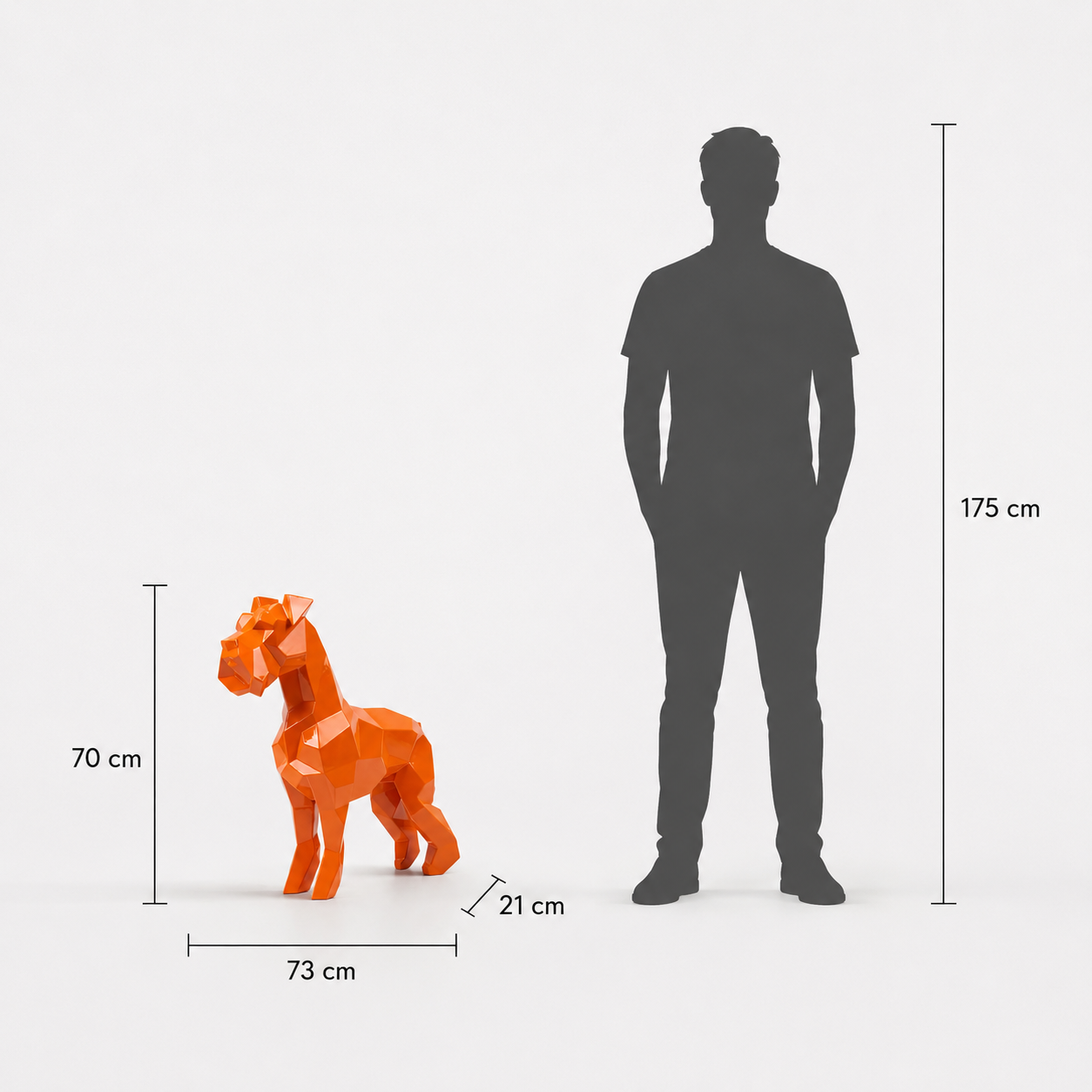 This visual presents the Large Faceted Schnauzer Dog Sculpture in real scale, compared to a 175 cm human silhouette. With a height of 70 cm, this Schnauzer sculpture creates an elegant, modern, and characterful presence. Its faceted design, inspired by polygonal art and origami style, highlights the Schnauzer’s distinctive silhouette and expressive character, making it an ideal decorative statement piece for villas, gardens, terraces, reception halls, showrooms, offices, and high-end decorative spaces.