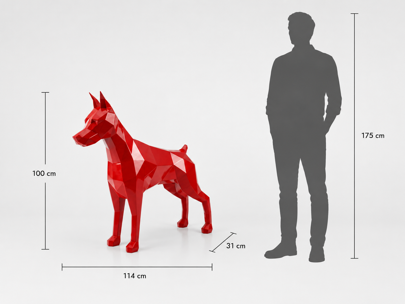 This visual presents the Large Polygon Doberman Sculpture in real scale, compared to a 175 cm human silhouette. With a height of 100 cm, this Doberman sculpture creates an elegant, modern, and characterful presence. Its faceted polygonal design, inspired by geometric art and origami style, highlights the Doberman’s proud stance, alert posture, and natural strength, making it an ideal decorative statement piece for villas, gardens, terraces, reception halls, showrooms, offices, and high-end decorative spaces.