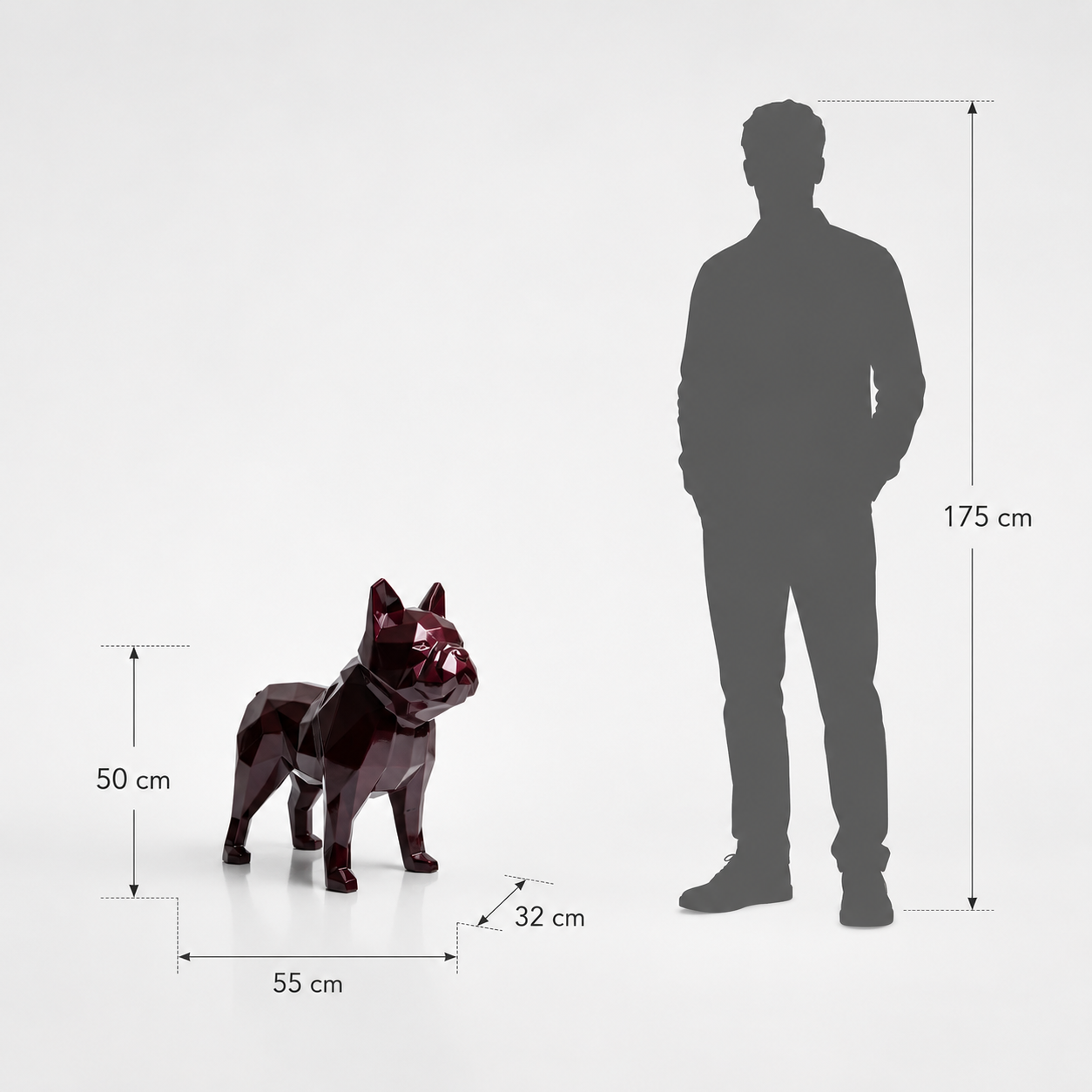 This visual presents the Large Origami Bulldog Sculpture in real scale, compared to a 175 cm human silhouette. With a height of 50 cm, this decorative bulldog sculpture creates a compact, modern, and characterful presence. Its faceted design, inspired by origami art and polygonal style, highlights the bulldog’s sturdy silhouette and distinctive expression, making it an ideal piece for villas, living rooms, offices, reception halls, showrooms, design boutiques, and high-end decorative spaces.