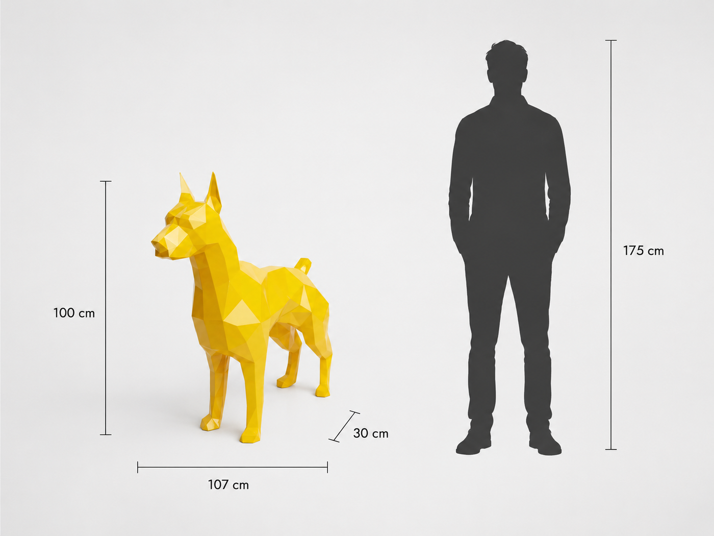 This visual presents the Large Polygon Doberman Statue in real scale, compared to a 175 cm human silhouette. With a height of 100 cm, this Doberman sculpture creates an elegant, modern, and characterful presence. Its faceted polygonal design, inspired by geometric art and origami style, highlights the Doberman’s proud stance, alert posture, and natural strength, making it an ideal decorative statement piece for villas, gardens, terraces, reception halls, showrooms, offices, and high-end decorative spaces.