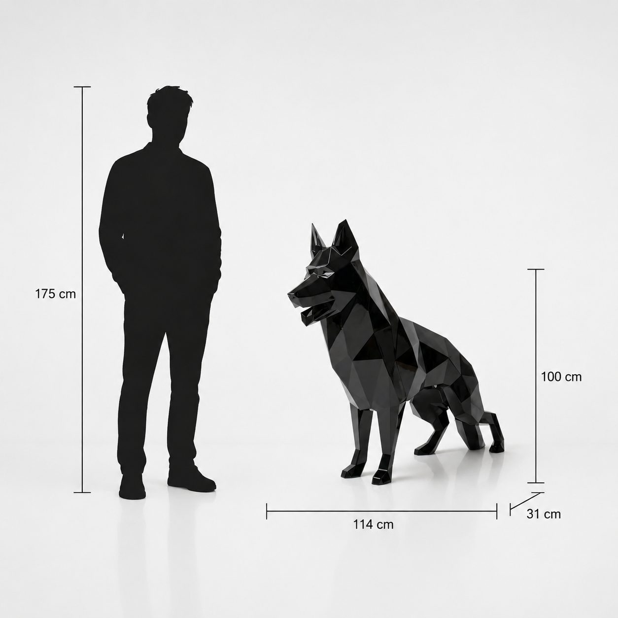 This visual presents the Faceted German Shepherd Dog Sculpture in real scale, compared to a 175 cm human silhouette. With a height of 98 cm, this dog sculpture creates an elegant, modern, and expressive presence. Its faceted design, inspired by polygonal art and origami style, highlights the noble character, alert posture, and strength of the German Shepherd, making it an ideal decorative statement piece for villas, gardens, terraces, reception halls, showrooms, offices, and high-end decorative spaces.