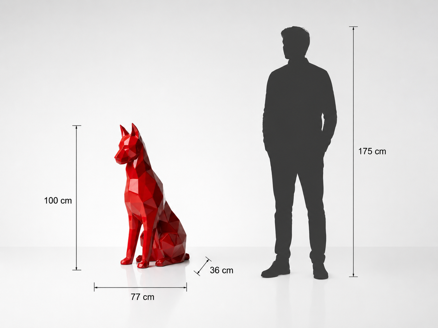 This visual presents the Large Origami Doberman Sculpture in real scale, compared to a 175 cm human silhouette. With a height of 100 cm, this Doberman sculpture creates an elegant, modern, and characterful presence. Its faceted design, inspired by origami art and polygonal style, highlights the Doberman’s proud stance, alert posture, and protective presence, making it an ideal decorative statement piece for villas, gardens, terraces, reception halls, showrooms, offices, and high-end decorative spaces.