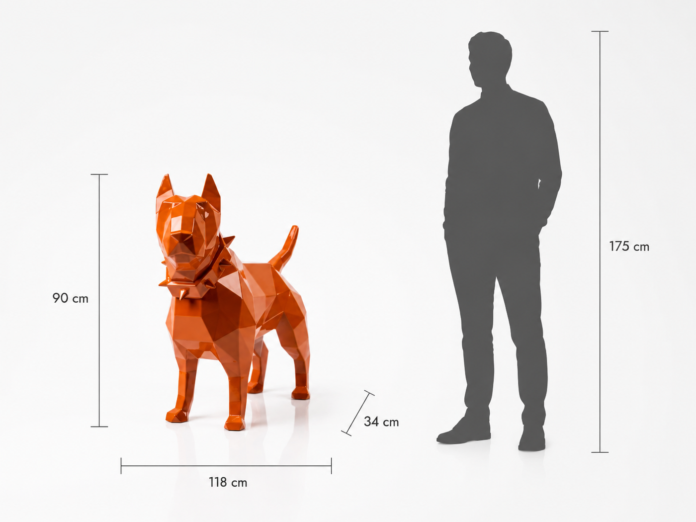 This visual presents the Large Origami Bull Terrier Sculpture in real scale, compared to a 175 cm human silhouette. With a height of 90 cm, this dog sculpture creates a modern, expressive, and characterful presence. Its faceted design, inspired by origami art and polygonal style, highlights the Bull Terrier’s sturdy silhouette and distinctive attitude, making it an ideal decorative statement piece for villas, gardens, terraces, reception halls, showrooms, offices, and high-end decorative spaces.