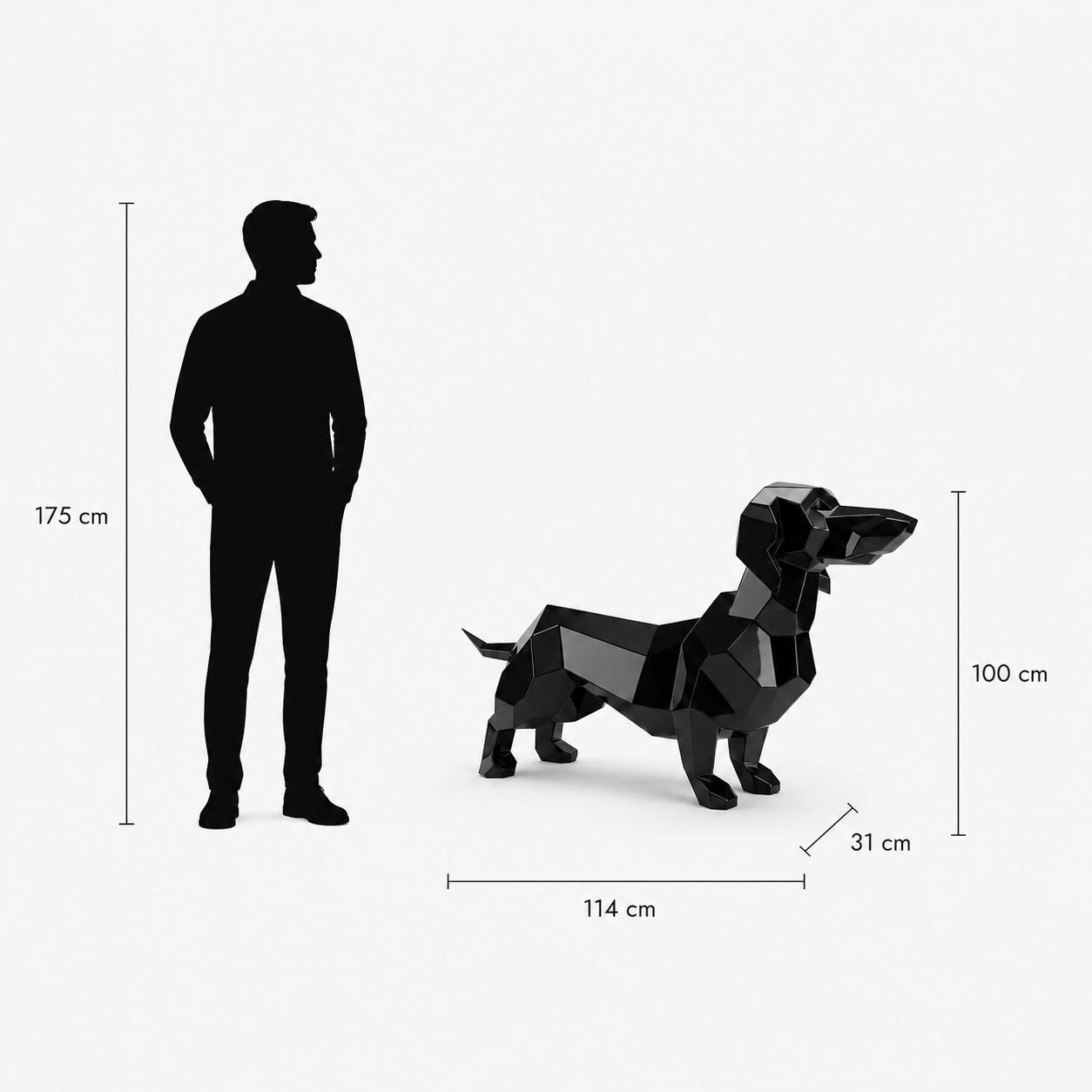This visual presents the Large Faceted Dachshund Sculpture in real scale, compared to a 175 cm human silhouette. With a height of 42 cm, this decorative dachshund sculpture creates a compact, elegant, and contemporary presence. Its faceted design, inspired by polygonal art and origami style, highlights the dachshund’s elongated silhouette and charming character, making it an ideal piece for indoor spaces such as living rooms, offices, reception halls, showrooms, design boutiques, and high-end decorative interiors.