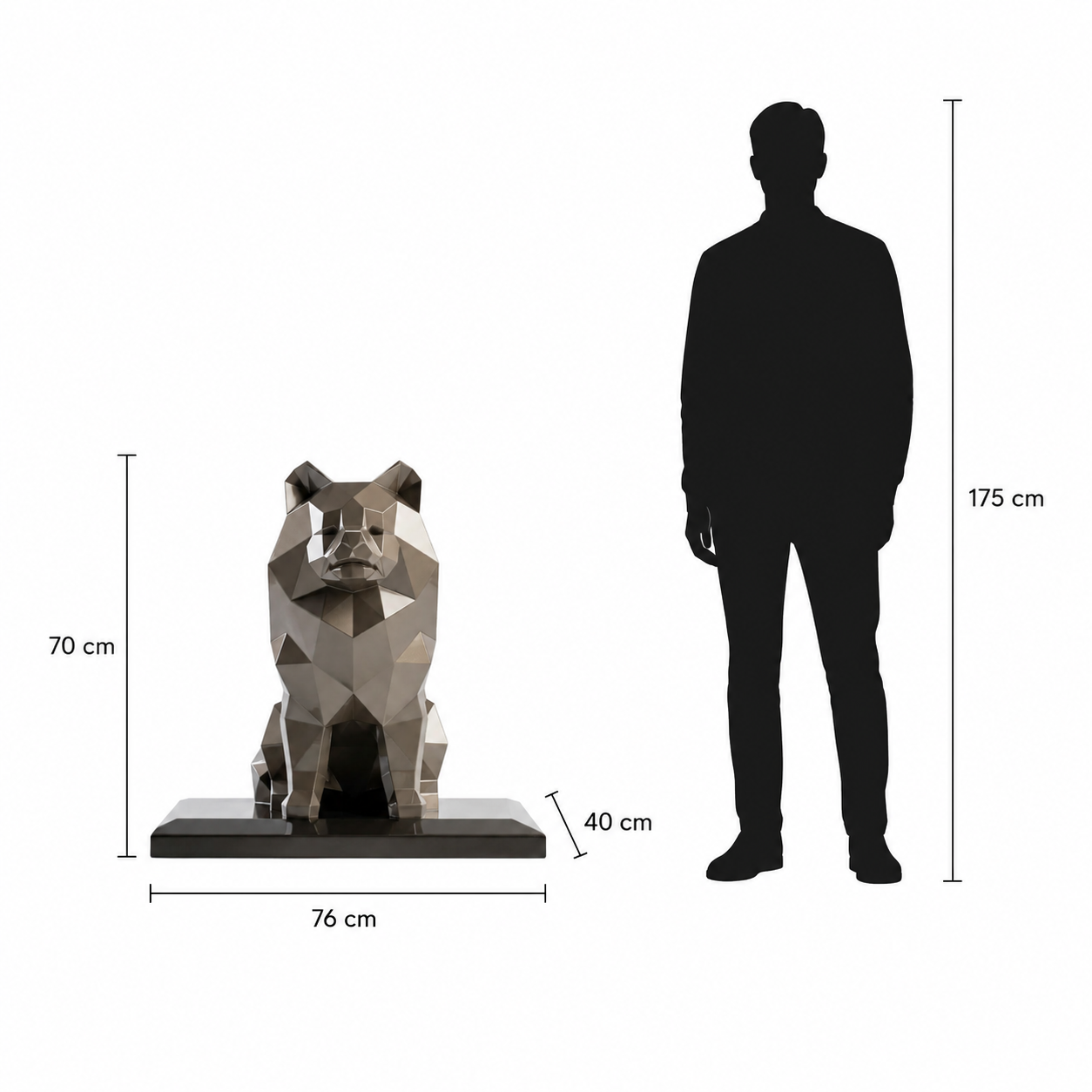This visual presents the Large Faceted Sitting Dog Sculpture in real scale, compared to a 175 cm human silhouette. With a height of 70 cm, this decorative dog sculpture creates an elegant, modern, and expressive presence. Its faceted design, inspired by polygonal art and origami style, highlights the dog’s seated posture and loyal character, making it an ideal piece for villas, gardens, terraces, reception halls, showrooms, offices, and high-end decorative spaces.