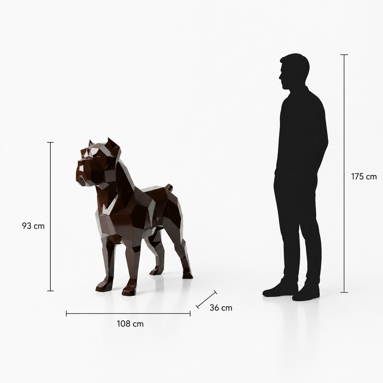 This visual presents the Large Faceted Boxer Dog Sculpture in real scale, compared to a 175 cm human silhouette. With a height of 93 cm, this dog sculpture creates an elegant, modern, and expressive presence. Its faceted design, inspired by polygonal art and origami style, highlights the Boxer’s strong posture and distinctive character, making it an ideal decorative statement piece for villas, gardens, terraces, reception halls, showrooms, offices, and high-end decorative spaces.